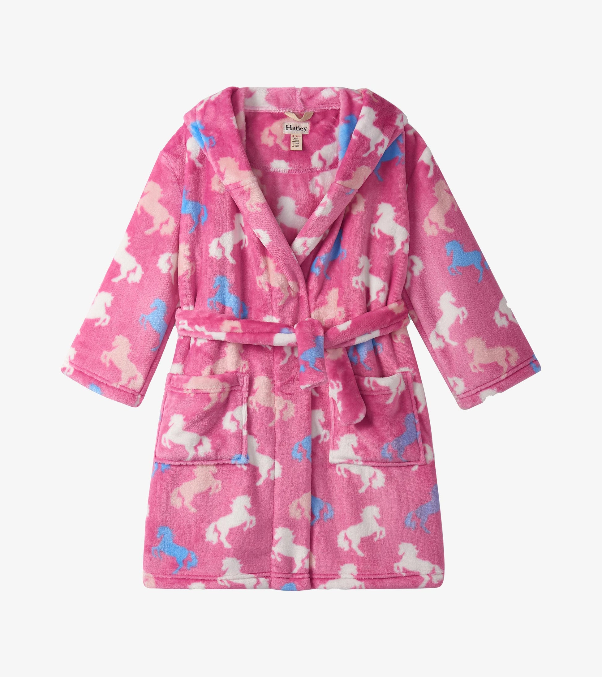 Pink fuzzy fleece robe featuring a playful unicorn pattern, with a belt and two front pockets.