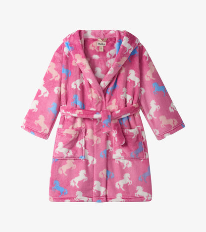 Pink fuzzy fleece robe featuring a playful unicorn pattern, with a belt and two front pockets.