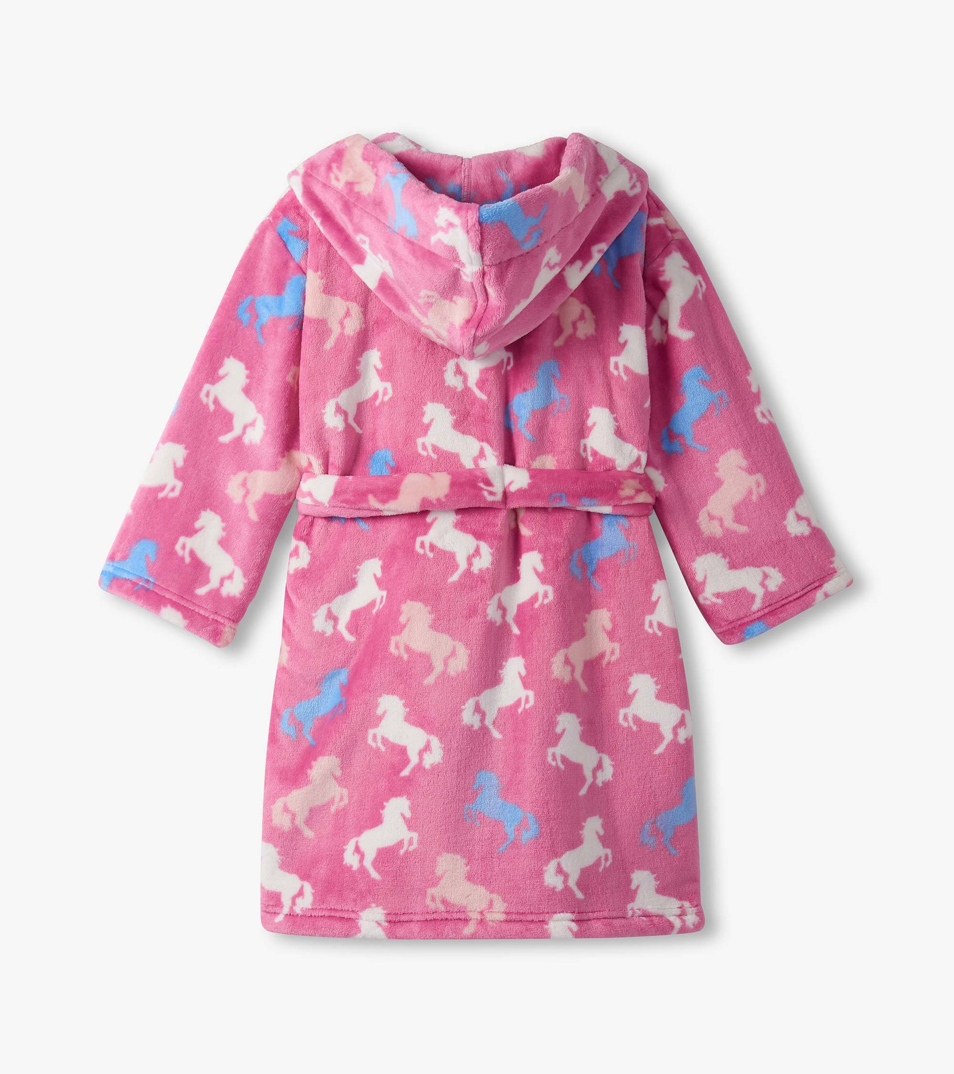 Pink fuzzy fleece robe featuring a playful horse pattern, with a hood and tie belt.