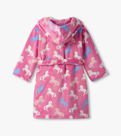Pink fuzzy fleece robe featuring a playful horse pattern, with a hood and tie belt.