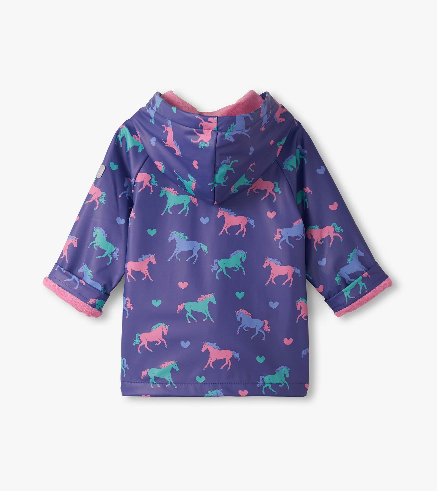 Purple rain jacket featuring colorful unicorns and hearts, with a hood and pink trim, suitable for baby and toddler girls.