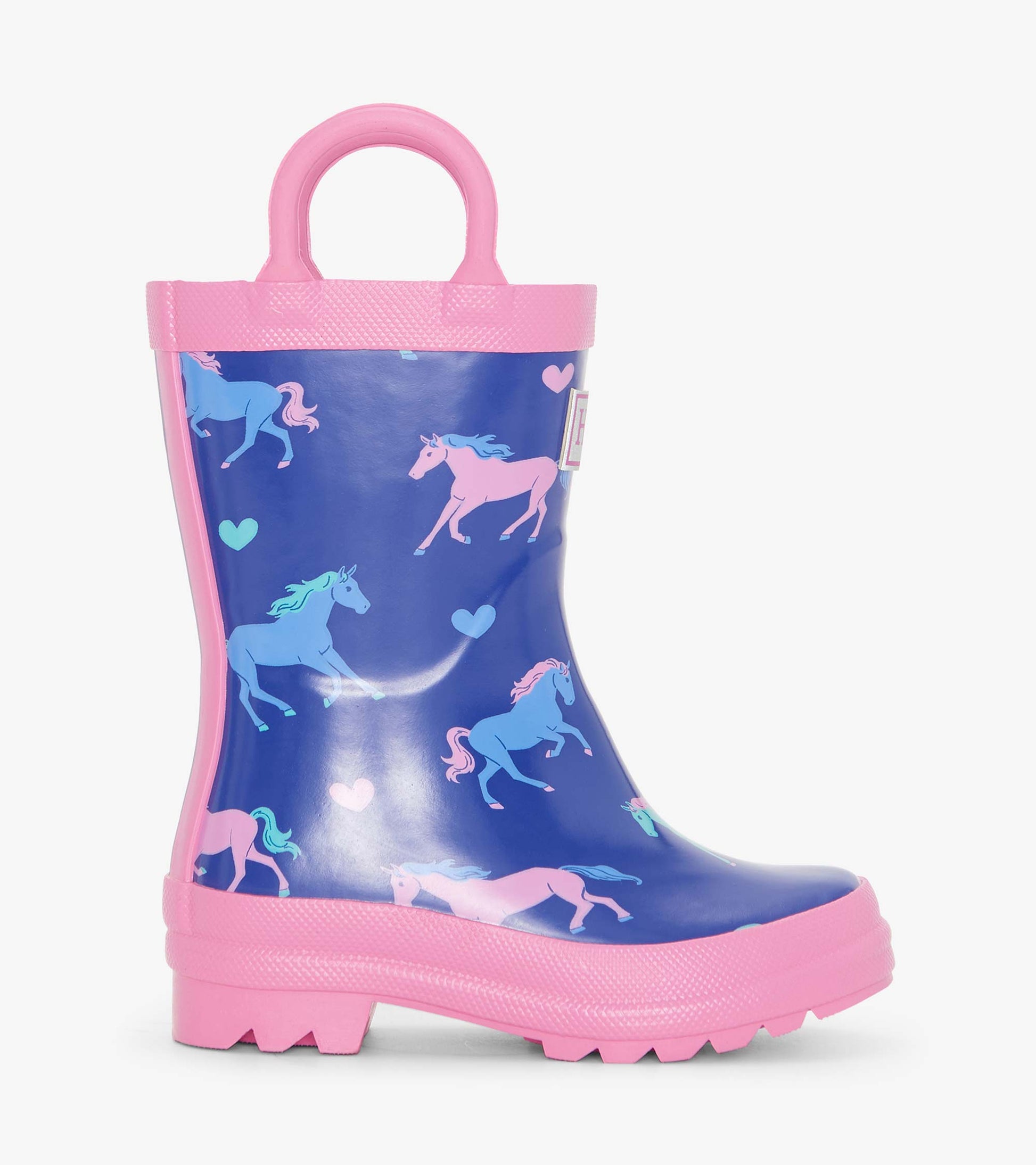 Blue rain boot with pink accents, featuring colorful unicorns and hearts pattern, designed for toddlers.