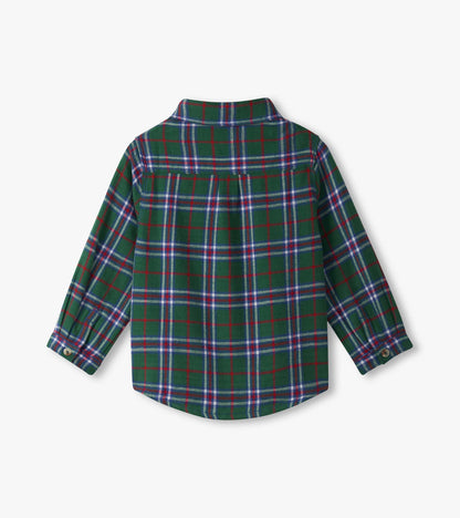 Green plaid button-down shirt with long sleeves and a classic collar, featuring red and blue accents. Back view shown.
