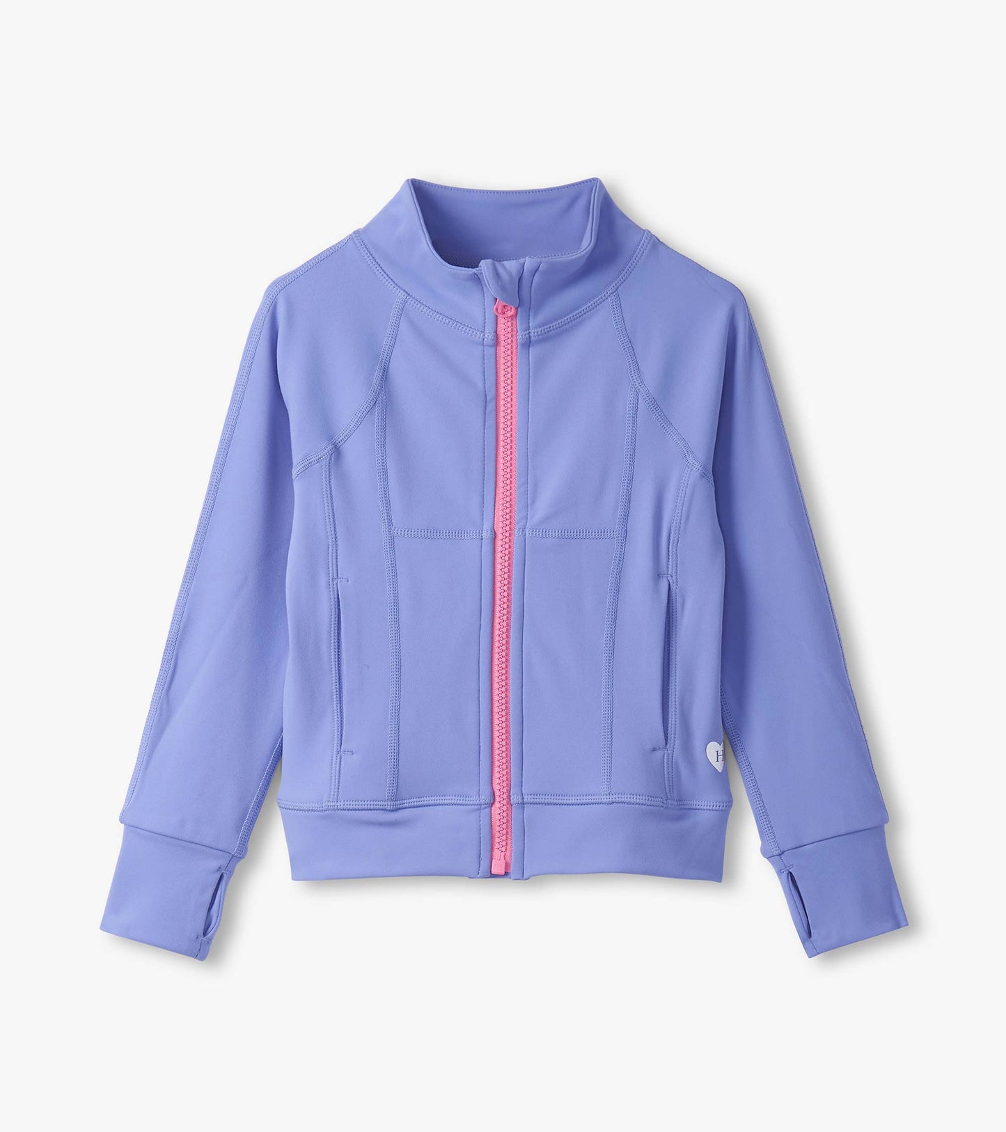 Lavender active jacket with a pink zipper, featuring a high collar and side pockets, designed for girls' activewear.