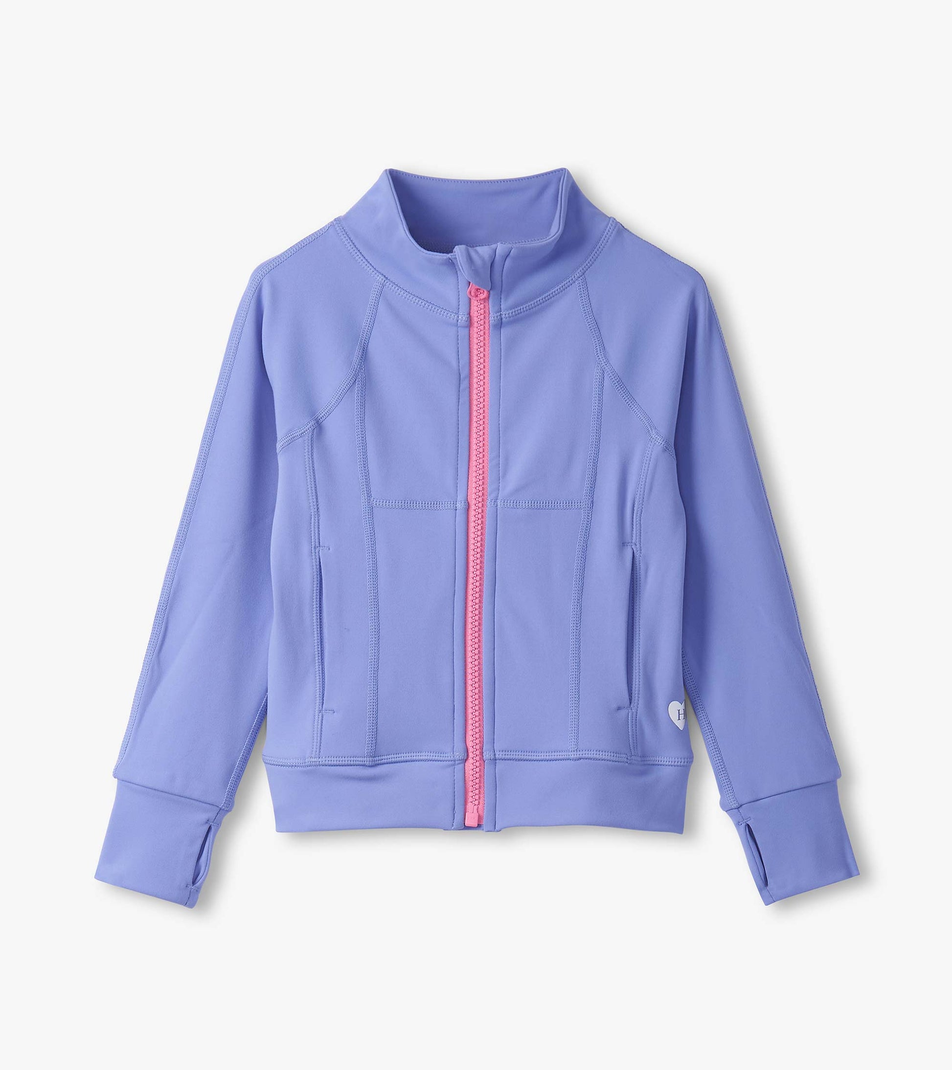 Lavender active jacket with a pink zipper, featuring a high collar and side pockets, designed for girls' activewear.