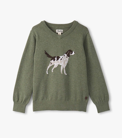 Green V-neck sweater featuring an embroidered hunting dog design, suitable for boys.