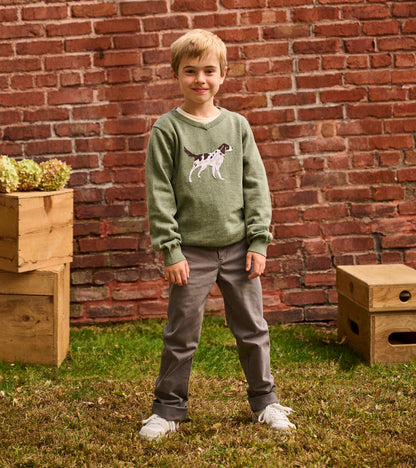 Green V-neck sweater featuring an embroidered hunting dog, worn by a boy with gray pants and white sneakers.