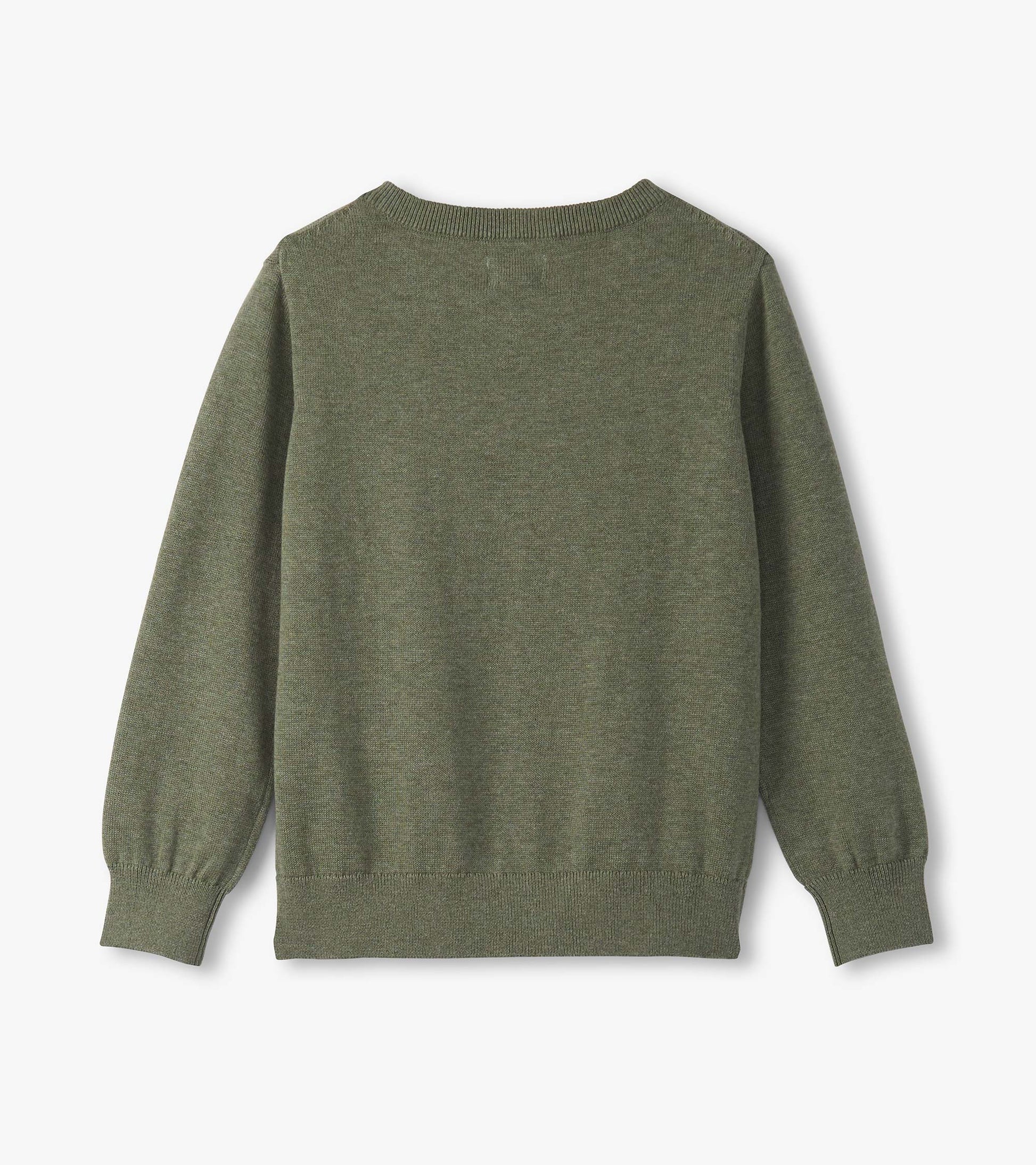 Green V-neck sweater for boys, featuring long sleeves and a soft knit texture. Back view shown.
