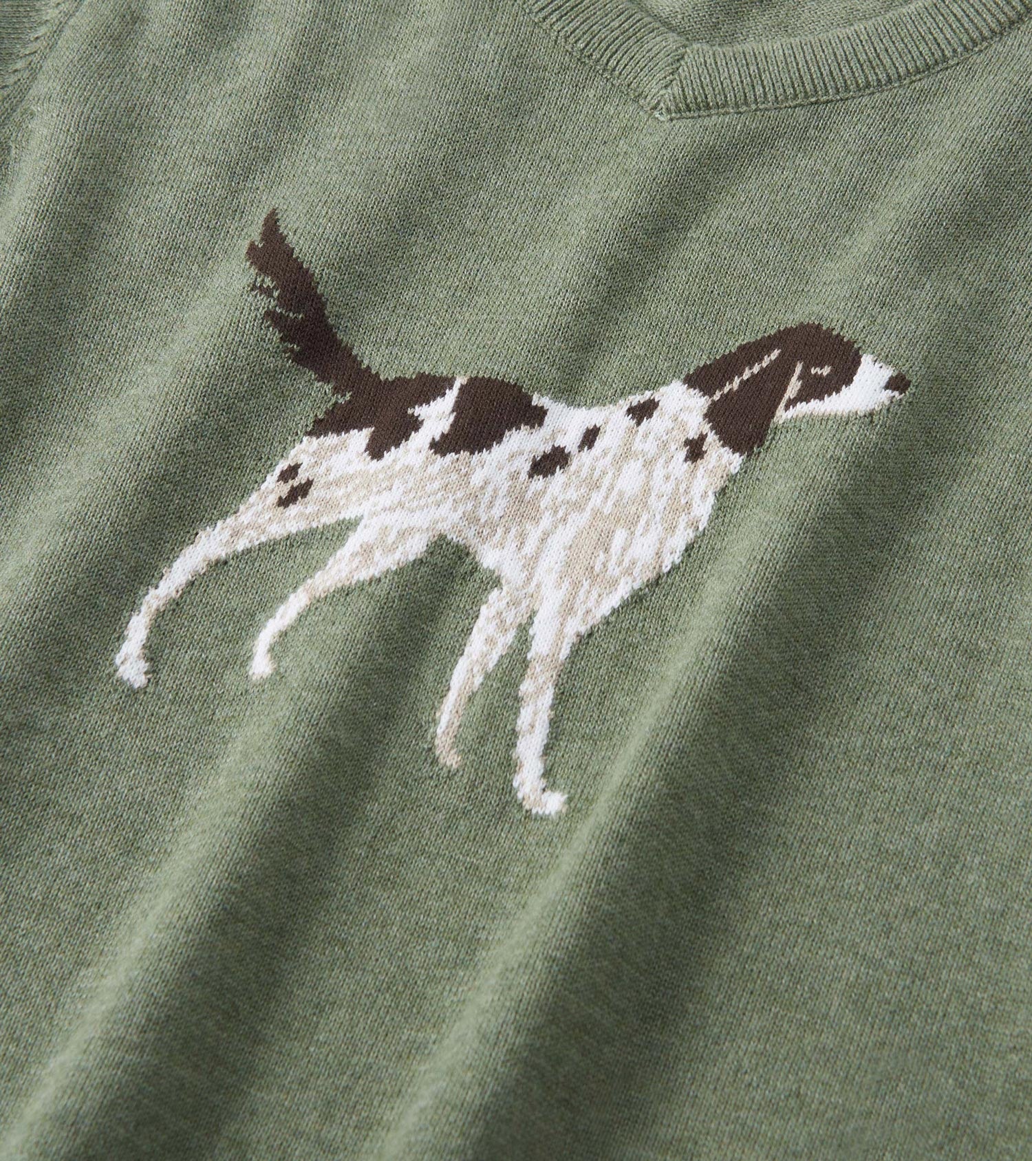 Green V-neck sweater featuring a knitted hunting dog design in brown and white. Soft material suitable for casual wear.