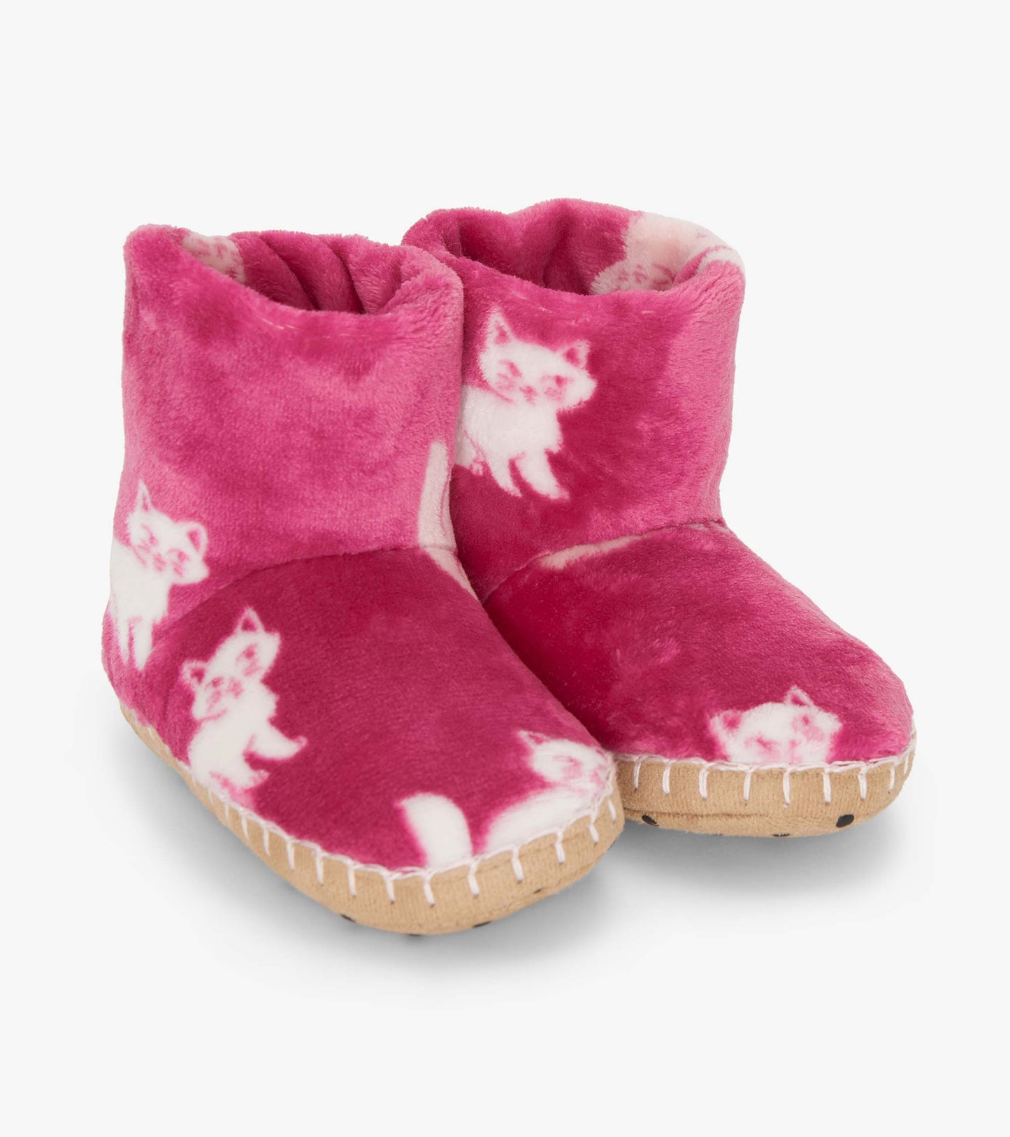 Pink fuzzy fleece slippers featuring white kitty patterns and a soft, cozy design for indoor wear.