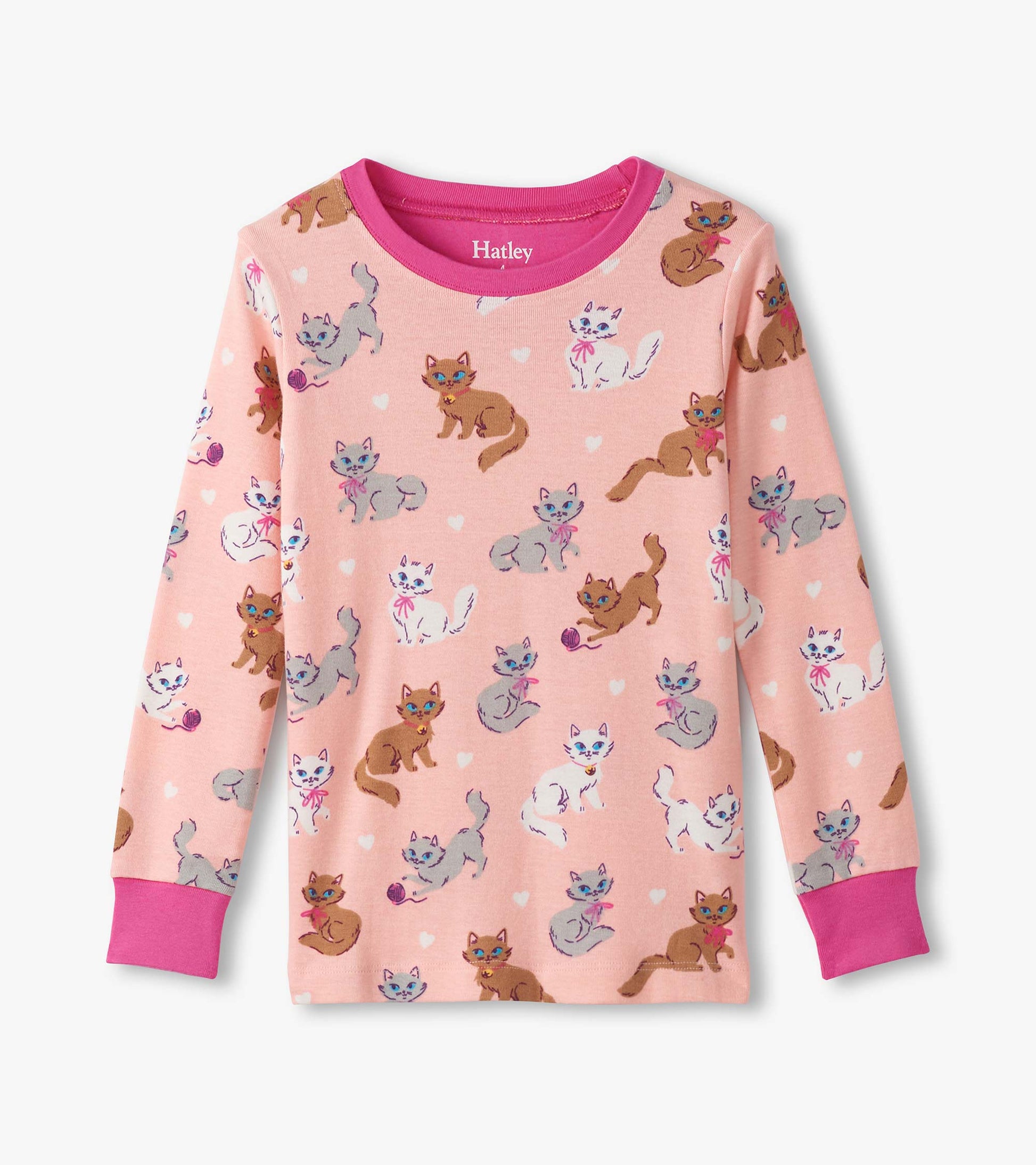 Pink cotton pajama top featuring playful cat illustrations and a pink collar, designed for girls.