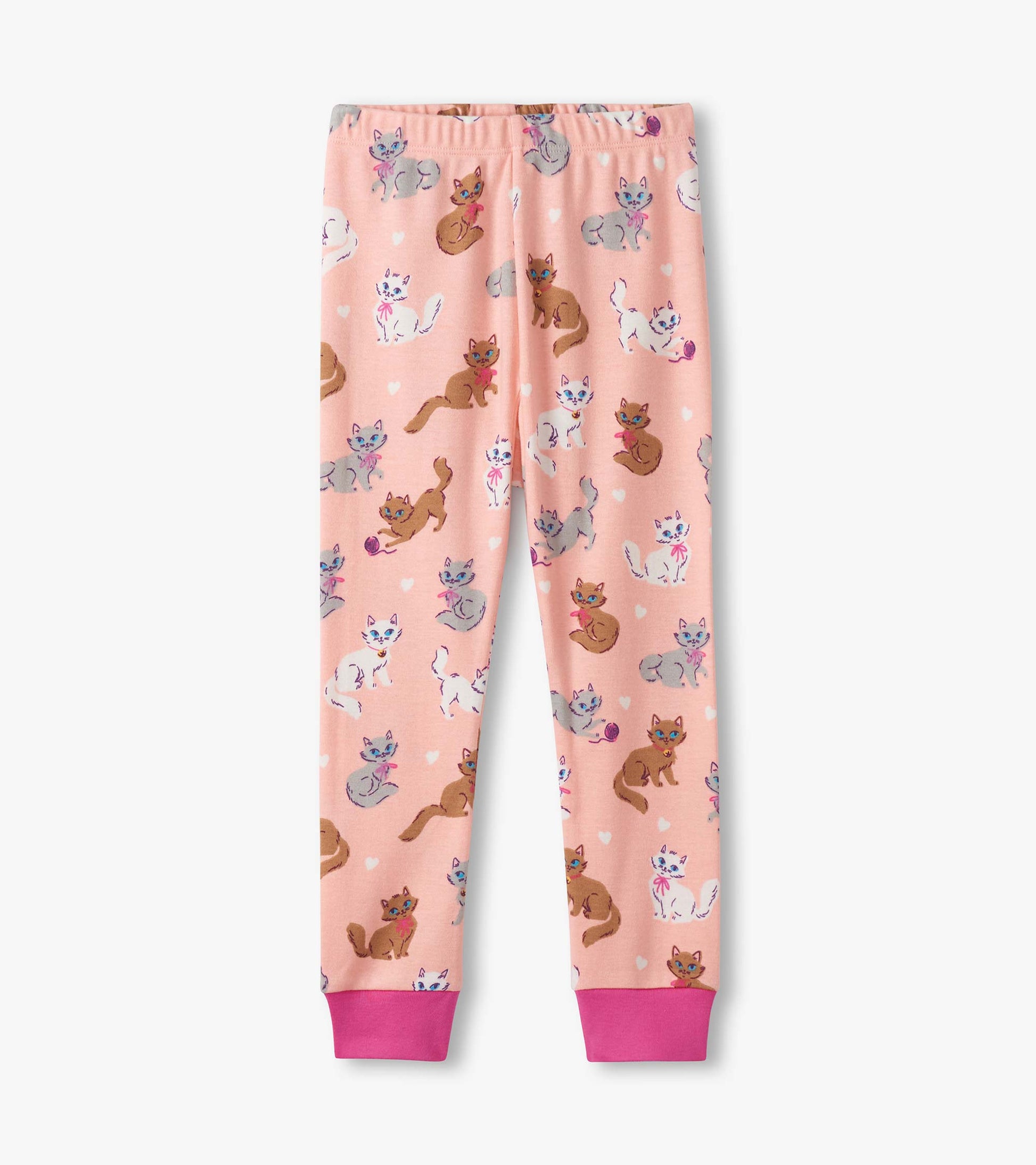 Pink cotton pajama pants featuring a playful cat pattern and pink cuffs. Ideal for comfortable sleepwear.