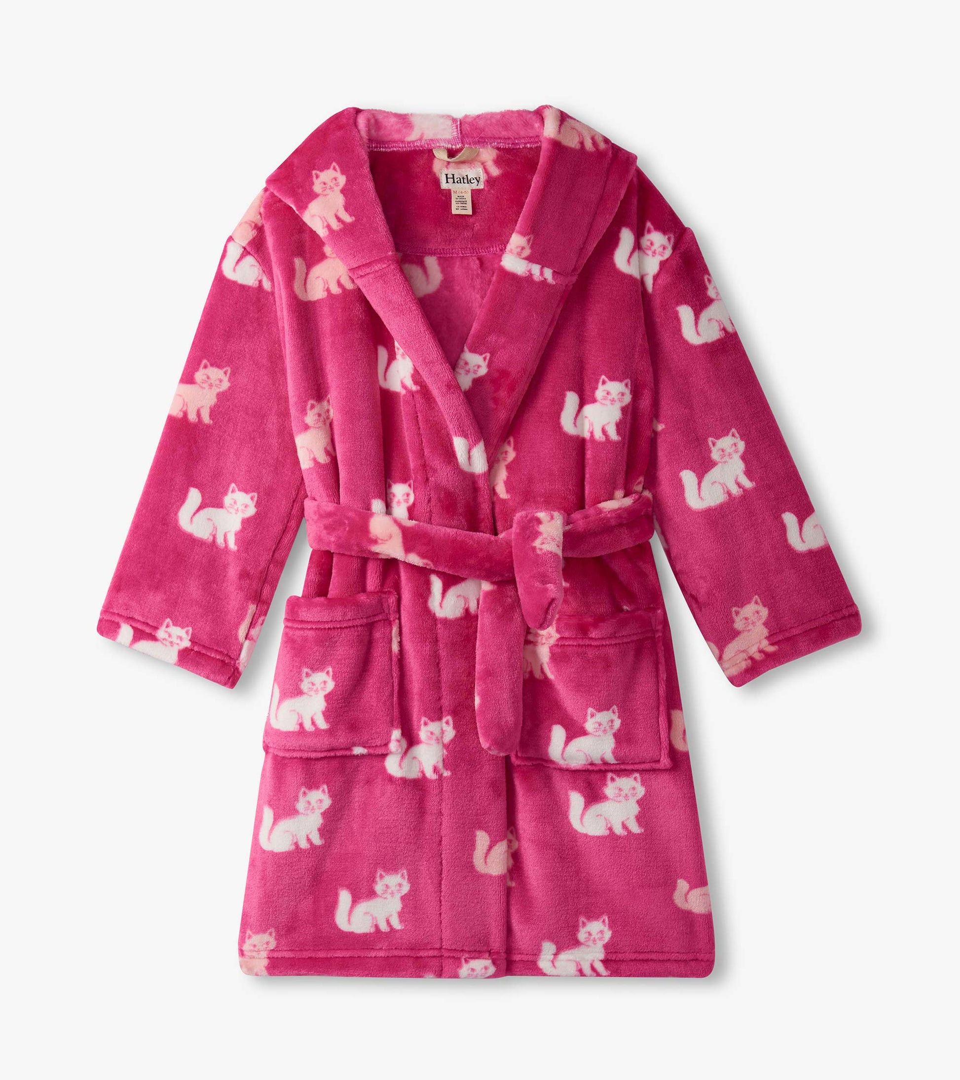 Pink fuzzy fleece robe featuring a playful kitty pattern, with a belt and pockets, designed for girls.