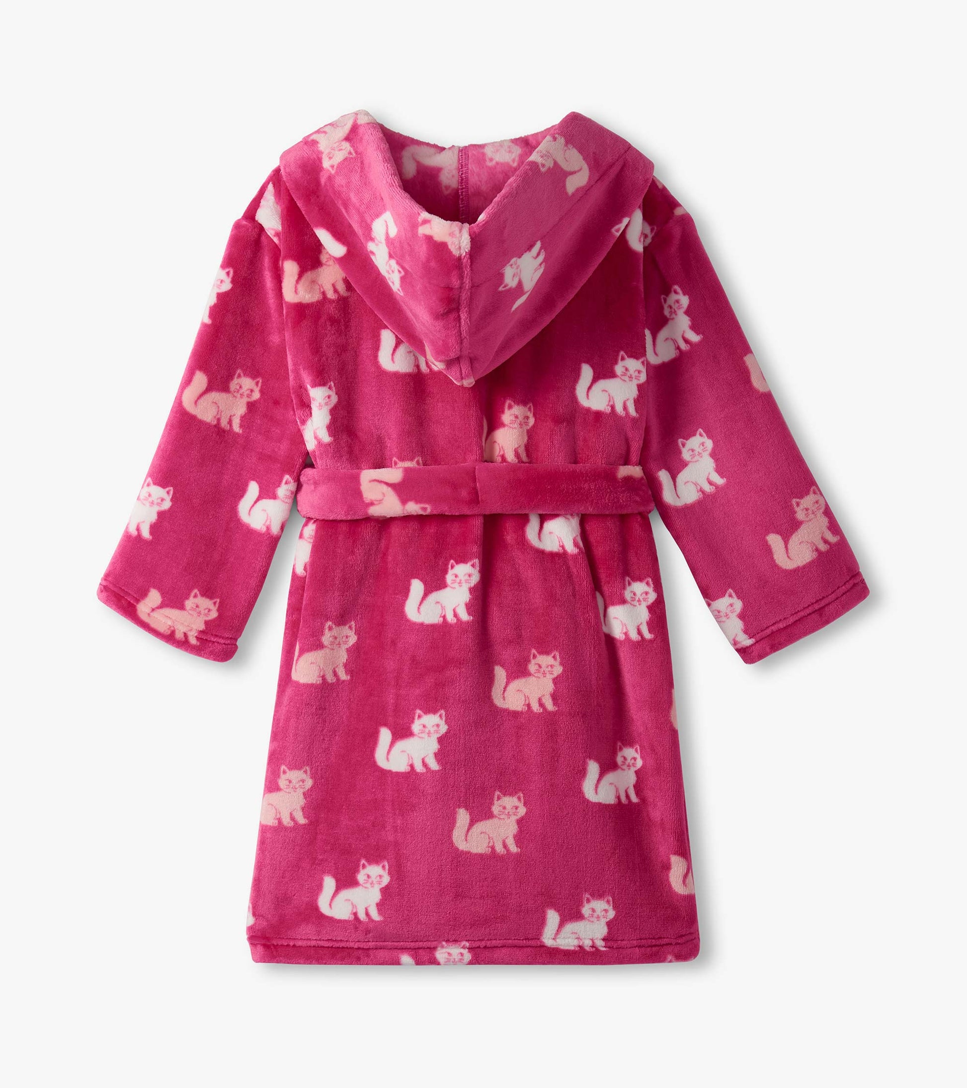 Pink fuzzy fleece robe featuring a playful kitty pattern, with a hood and tie belt, suitable for cozy wear.