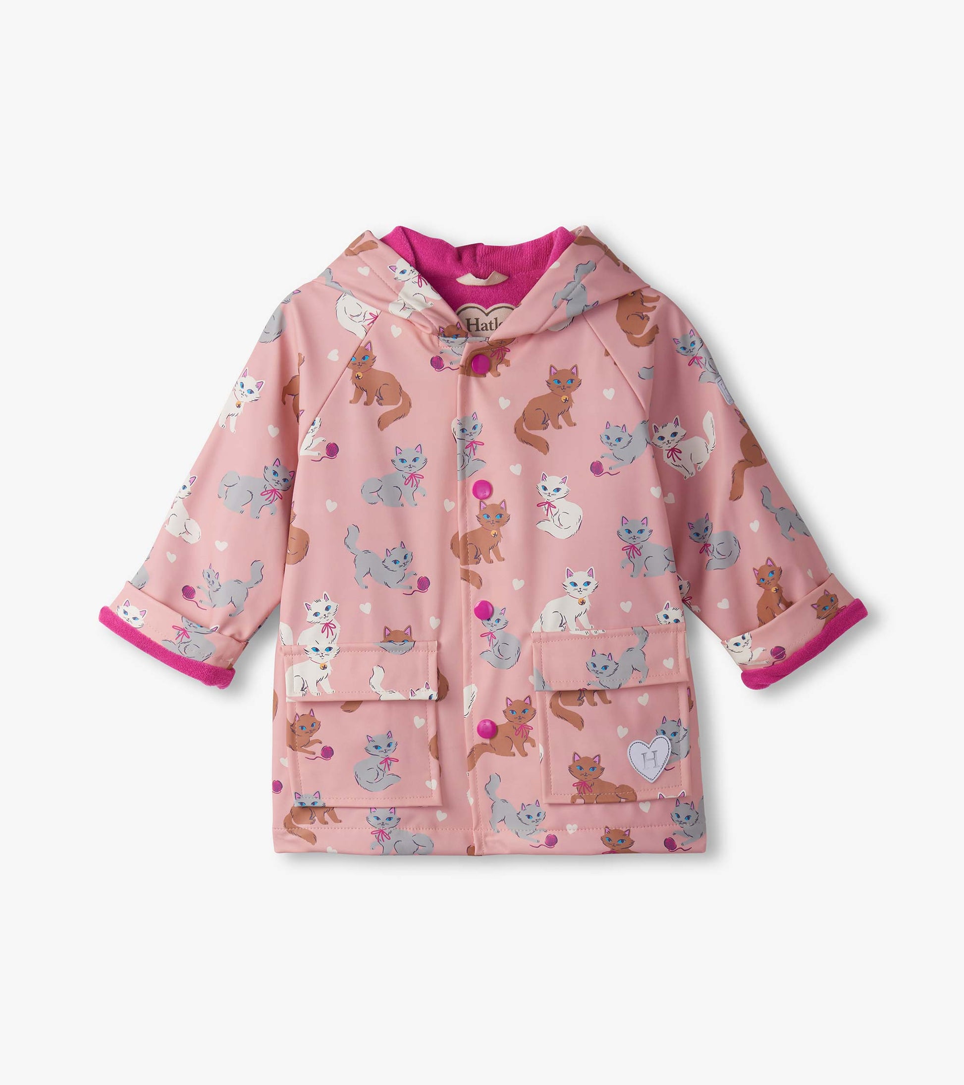 Pink button-up rain jacket featuring playful kitty patterns and a hood, with two front pockets and contrasting cuffs.