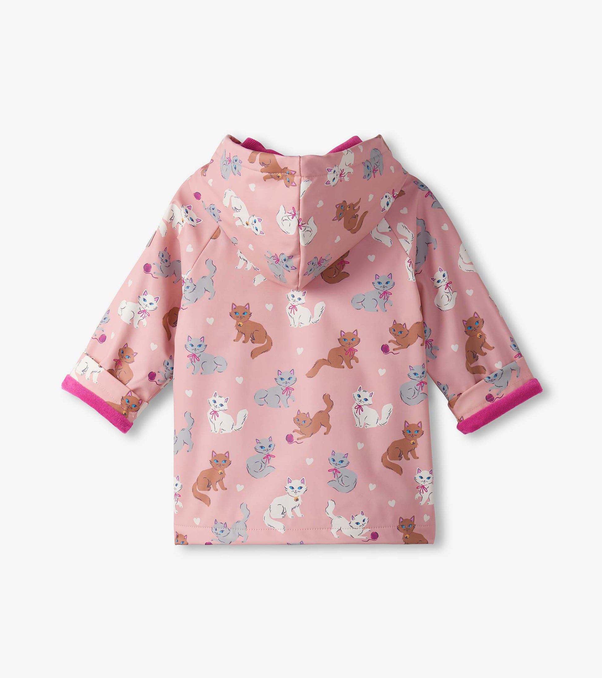 Pink rain jacket featuring a playful kitty pattern, with a hood and contrasting pink cuffs. Ideal for baby and toddler girls.