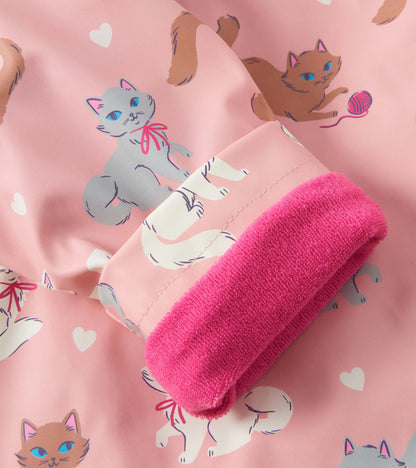 Pink rain jacket featuring playful kitty illustrations and a soft pink cuff. Ideal for baby and toddler girls.