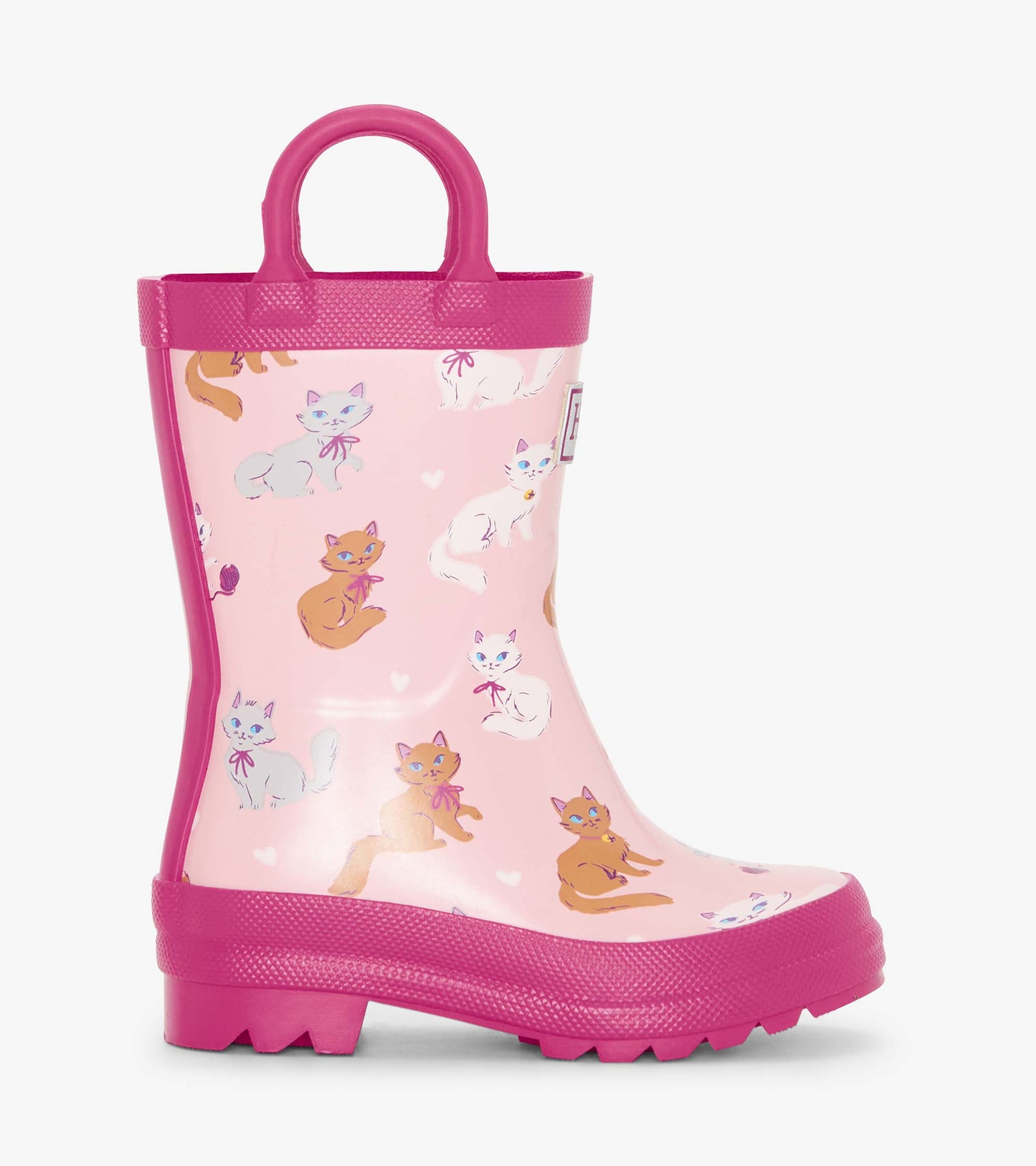 Pink rain boots featuring a playful cat pattern, with a textured sole and sturdy handles for easy wear.