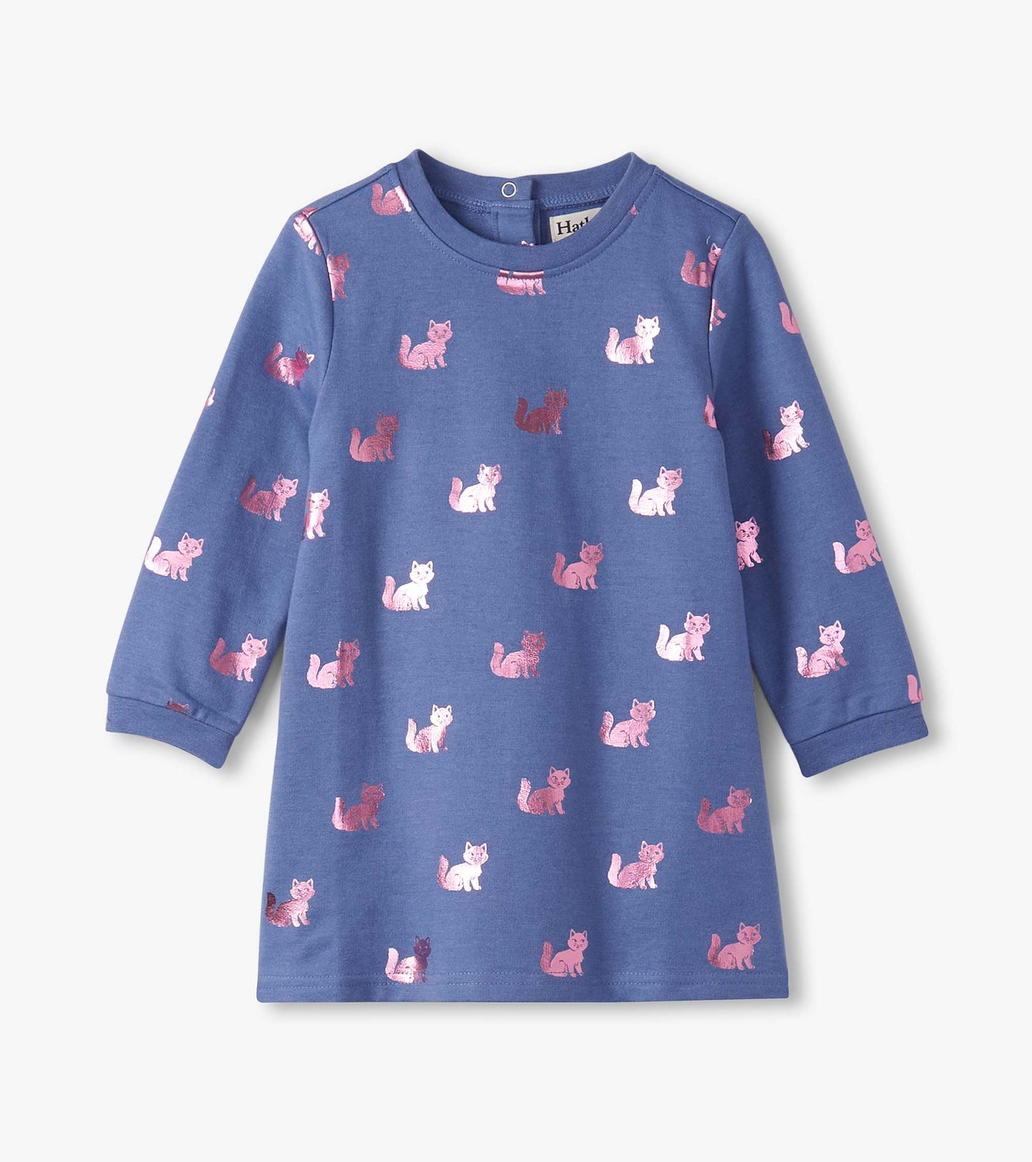 Blue long-sleeve dress featuring a playful pattern of pink and white kitties. Soft, comfortable fabric for baby and toddler…