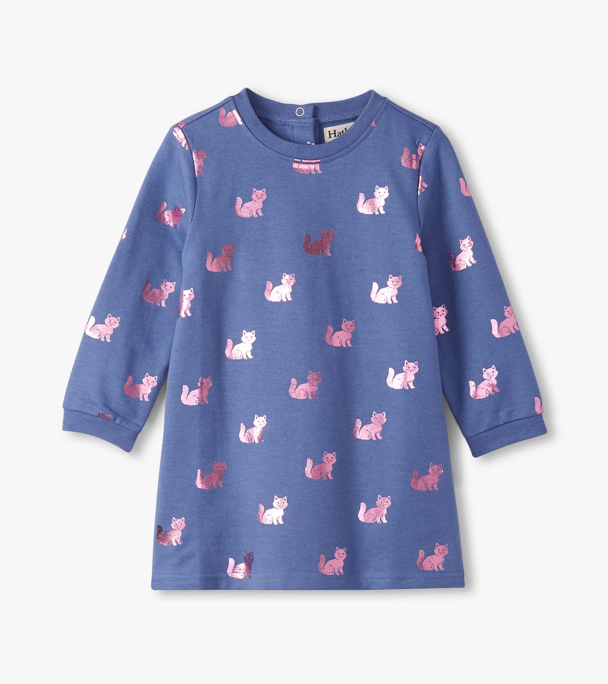 Blue long-sleeve dress featuring a playful pattern of pink and white kitties. Soft, comfortable fabric for baby and toddler…