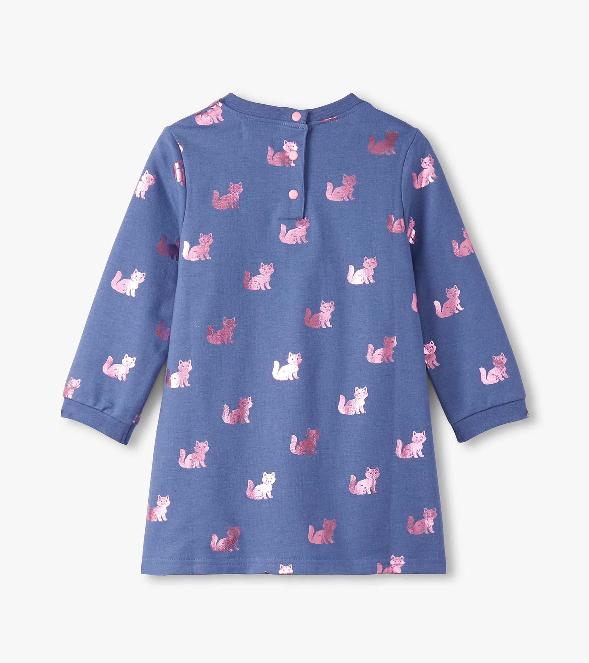 Blue dress with long sleeves featuring a playful kitty print in pink and white, designed for baby and toddler girls.