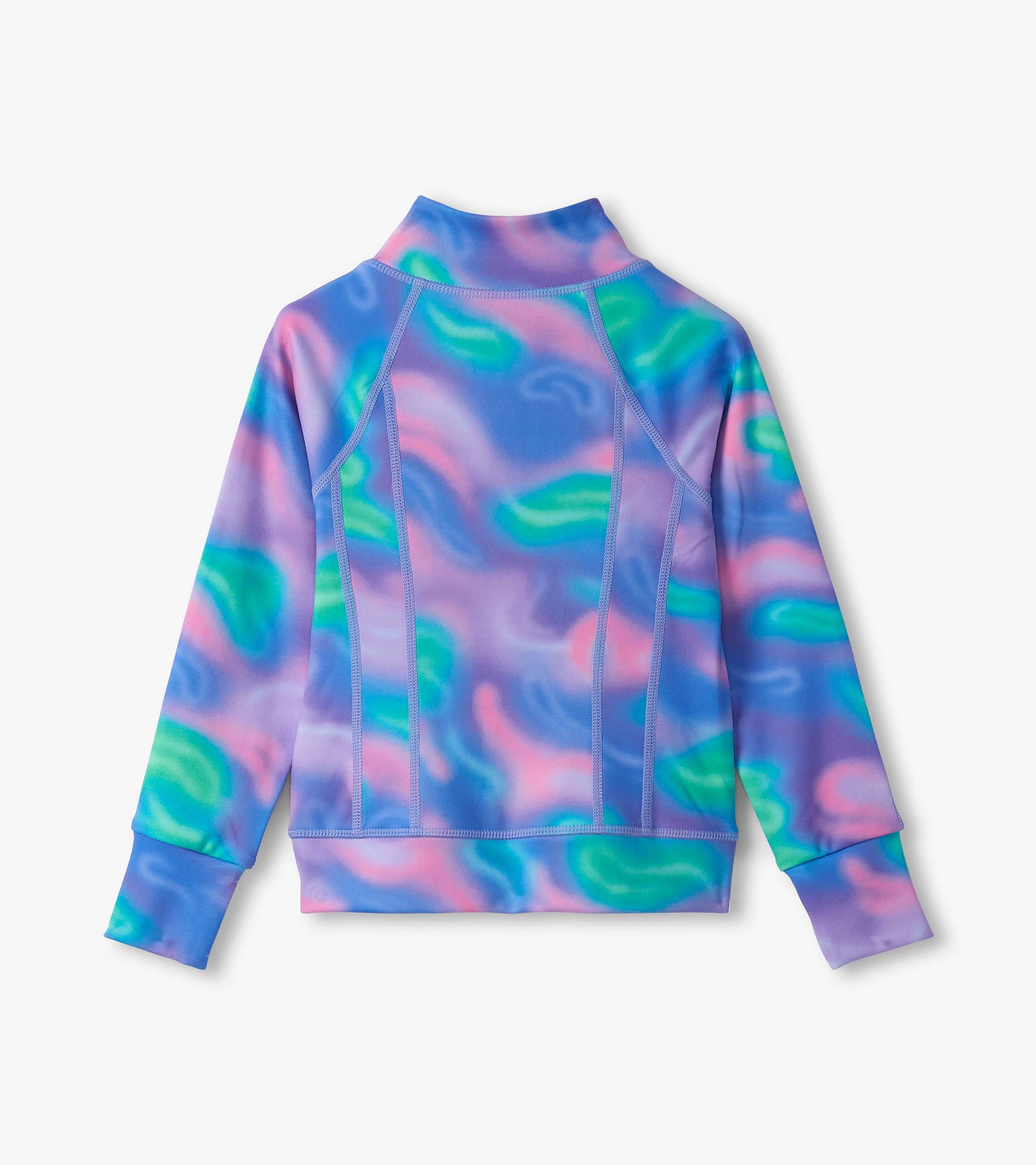 Purple active jacket featuring a colorful, swirling pattern, with a high collar and long sleeves.