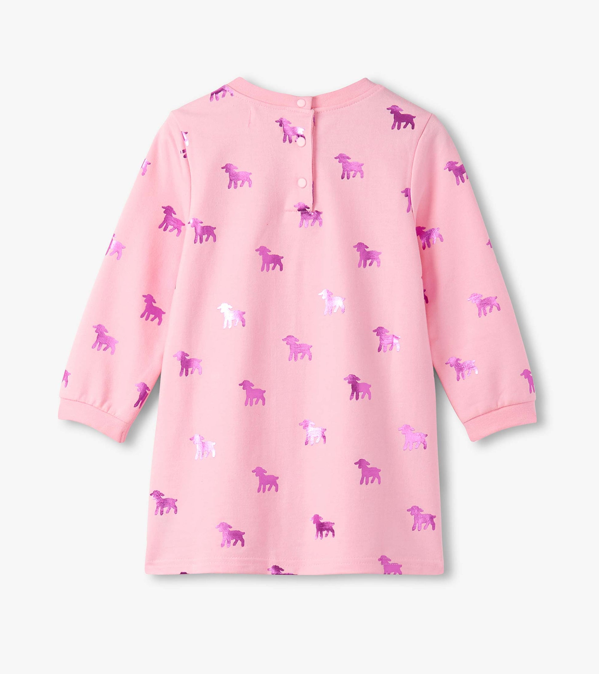 Pink dress featuring a lamb silhouette pattern in purple, with long sleeves and a button closure at the back.