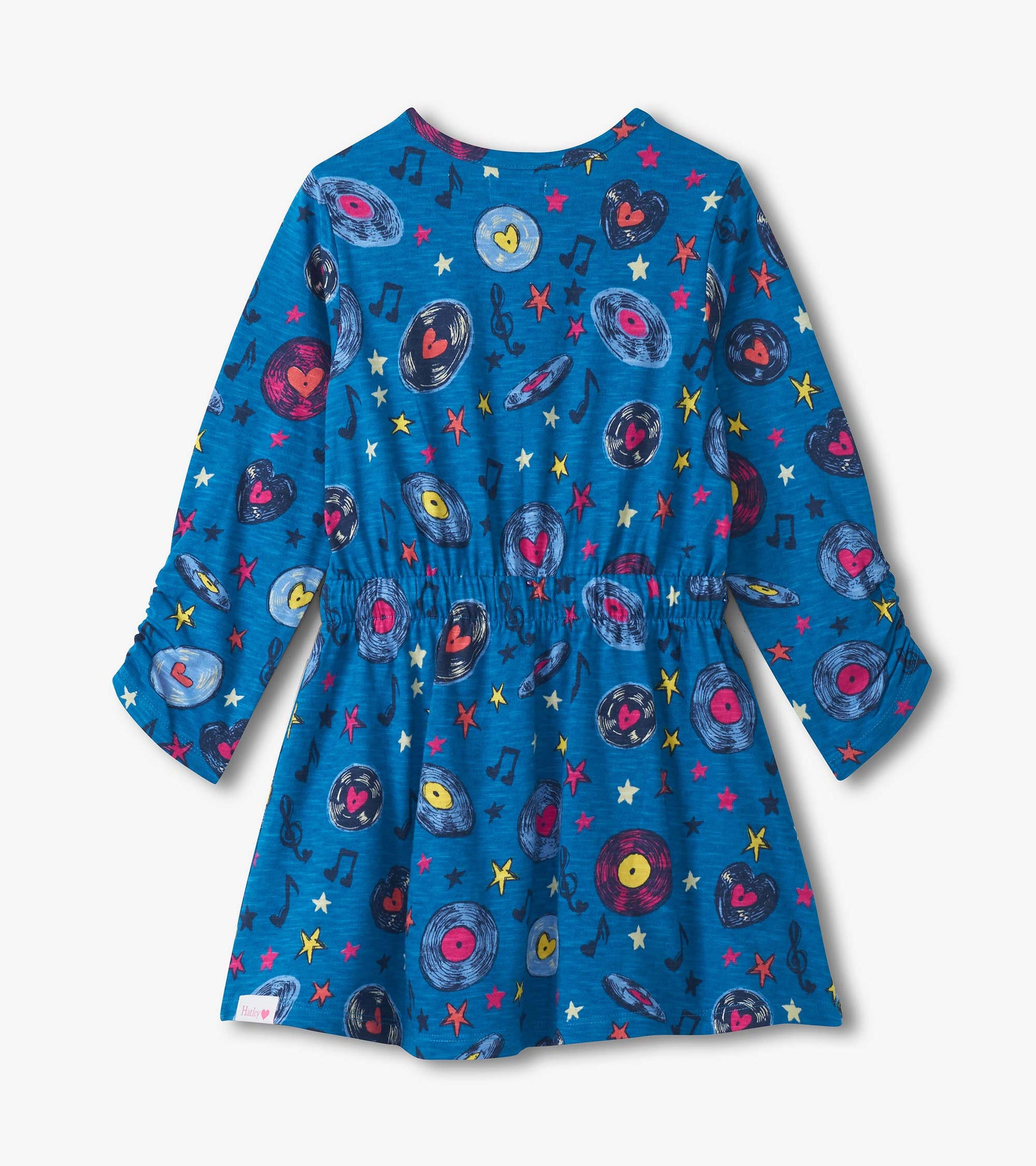Blue cinched waist dress featuring a music-themed print with records, hearts, and stars. Long sleeves and playful design.