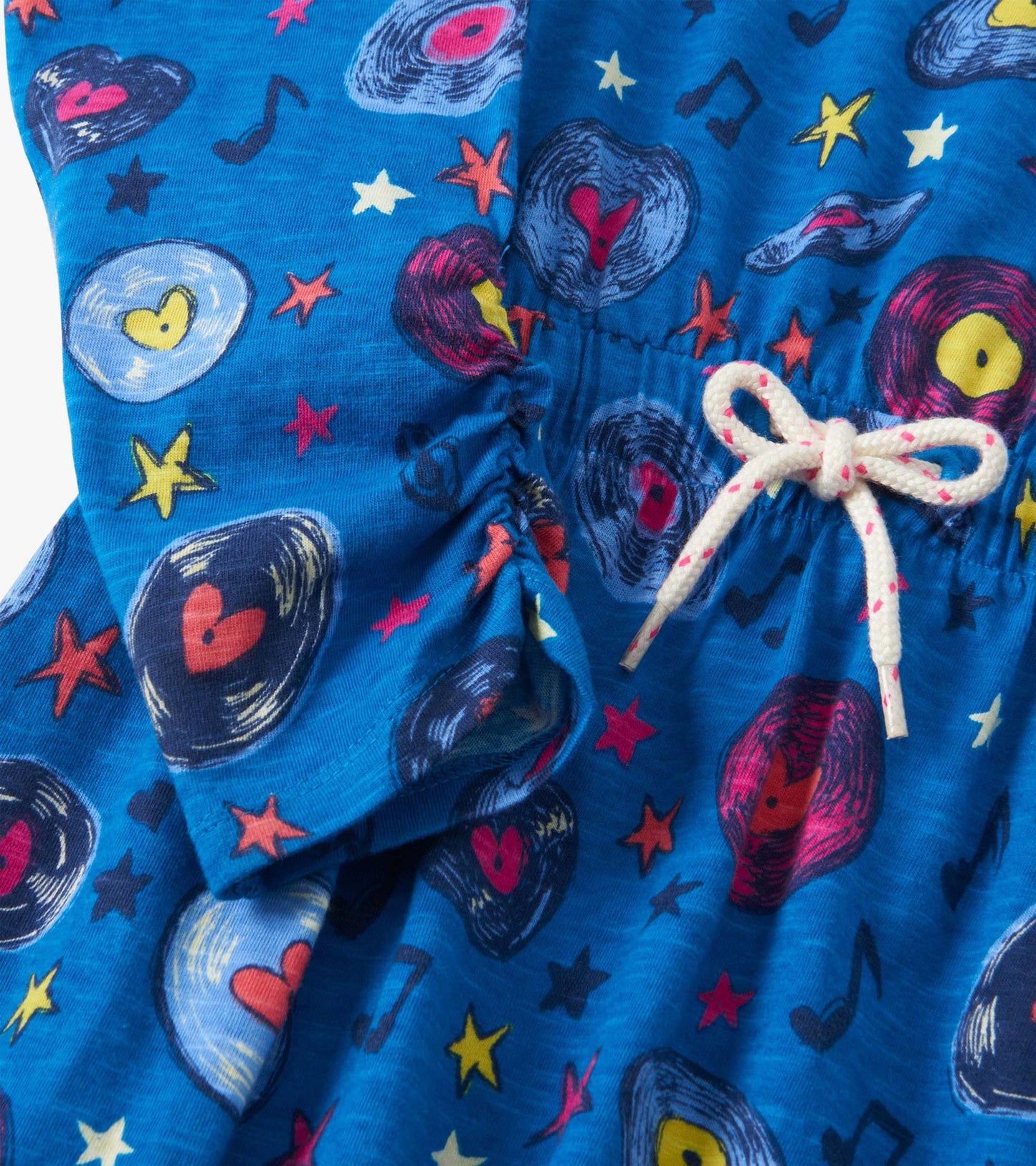 Blue cinched waist dress featuring a playful music-themed print with records and stars. Ideal for casual wear.