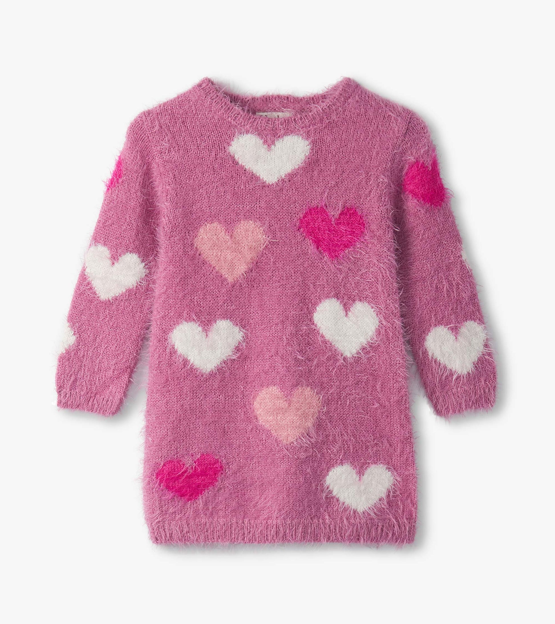 Pink furry dress featuring various heart patterns in white and shades of pink, with long sleeves and a round neckline.