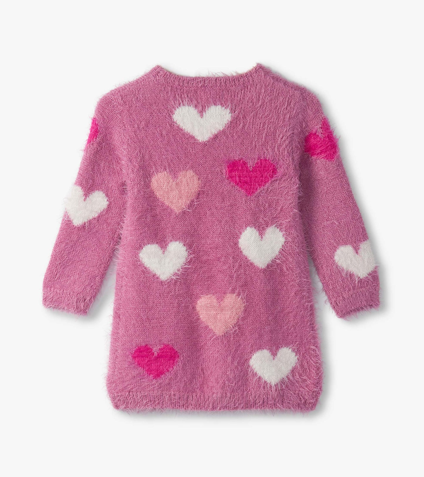 Furry pink dress featuring various heart patterns in white and shades of pink, with long sleeves and a round neckline.