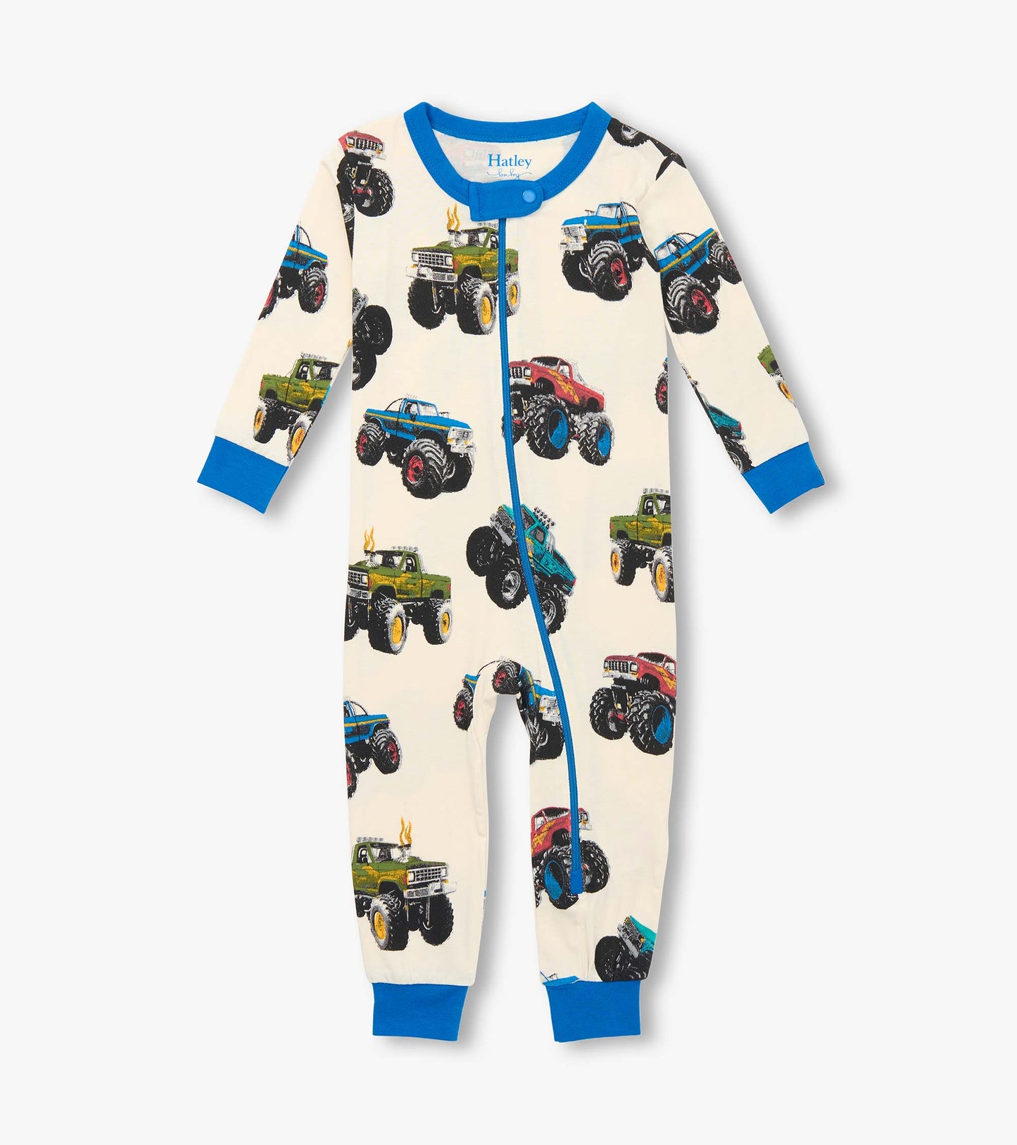Bamboo sleeper for baby boys featuring colorful monster truck prints on a cream background with blue accents.