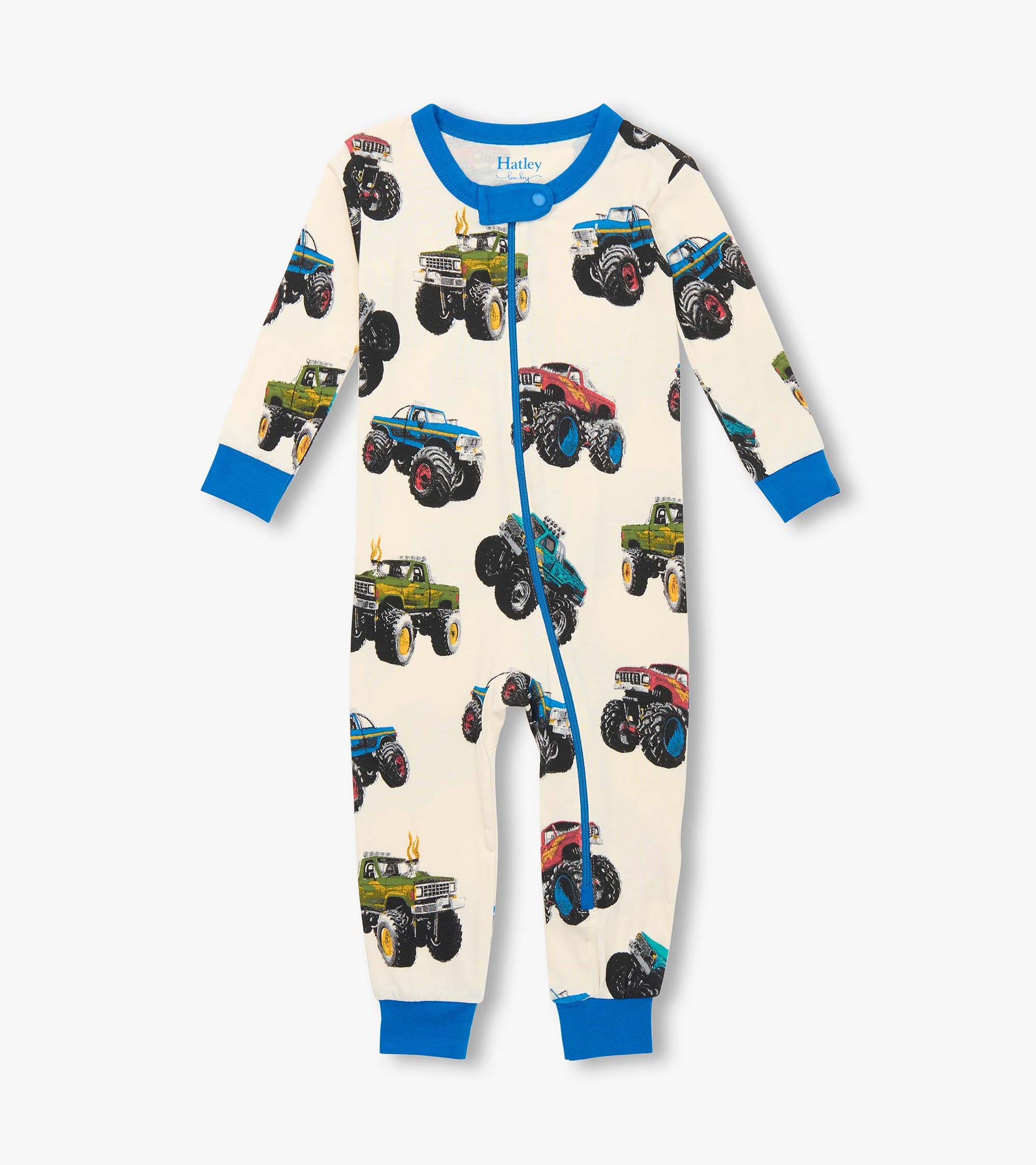 Bamboo sleeper for baby boys featuring colorful monster truck prints on a cream background with blue accents.