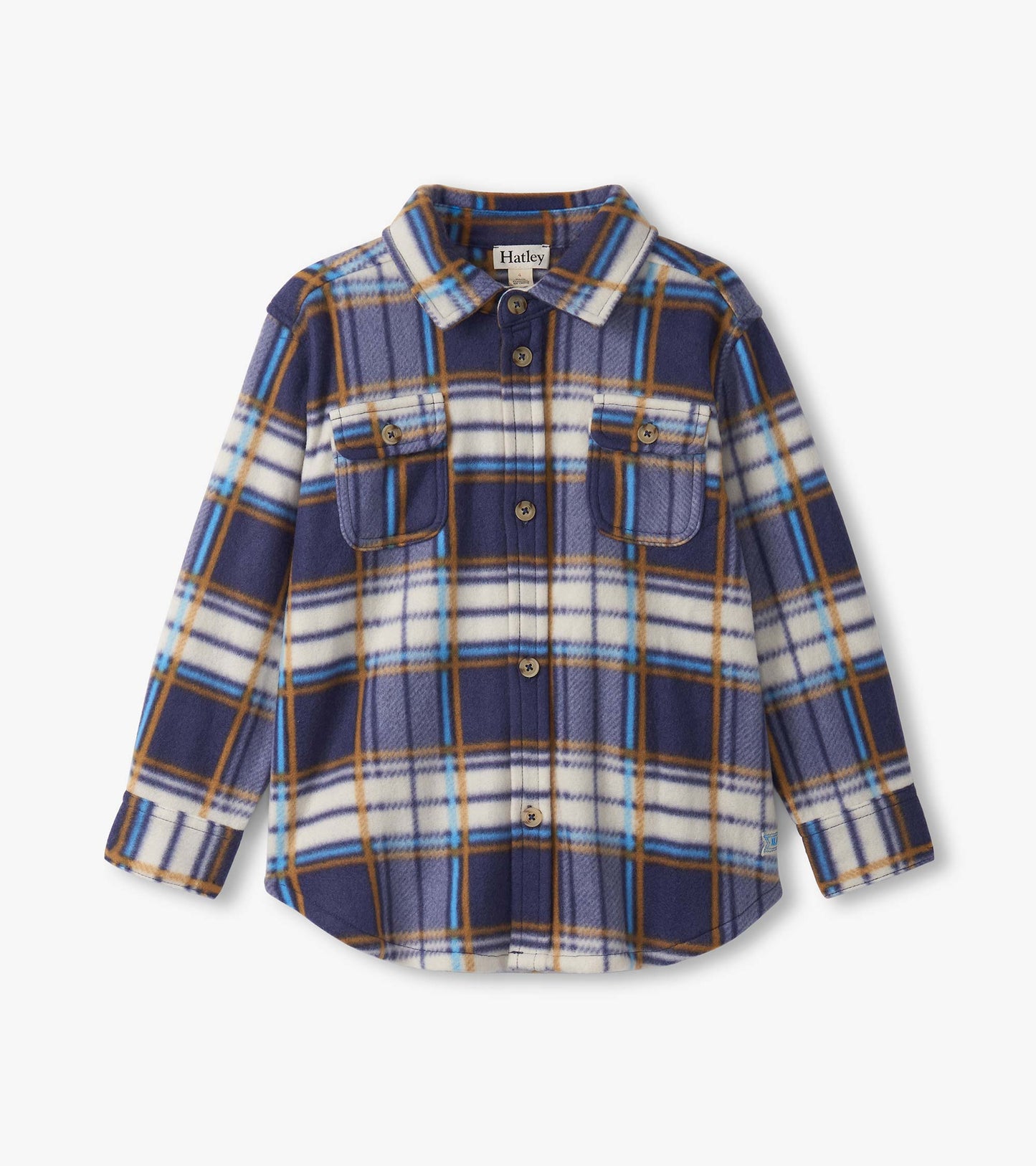 Navy plaid fleece button-up shirt with two chest pockets and a collared neckline, suitable for boys.