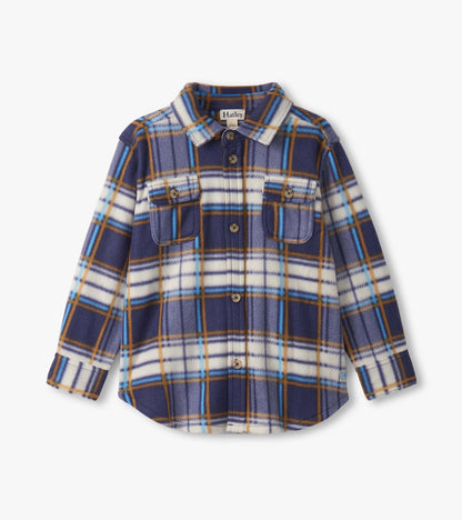 Navy plaid fleece button-up shirt with two chest pockets and a collared neckline, suitable for boys.