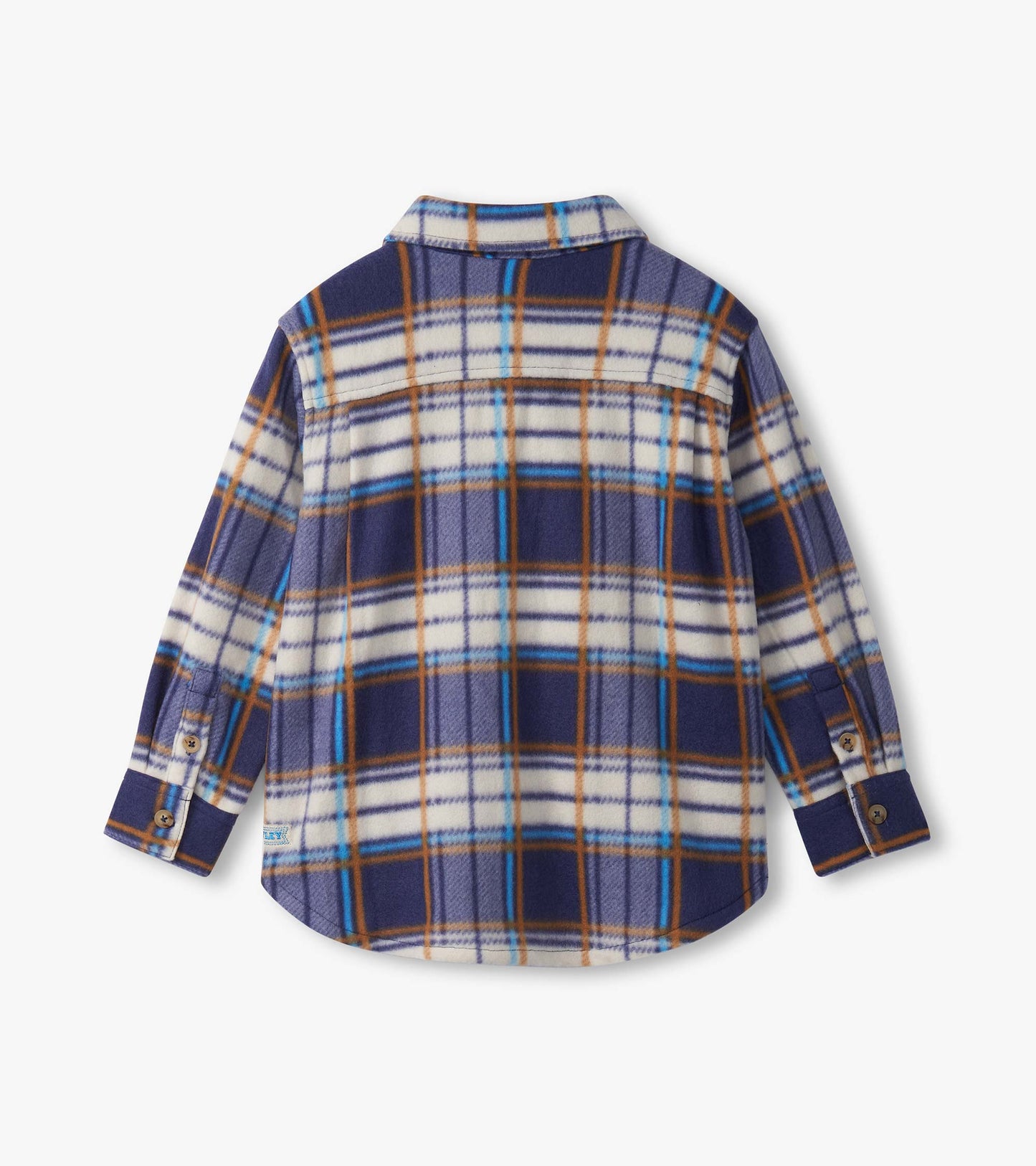 Navy plaid fleece button-up shirt with white, blue, and brown accents; features long sleeves and a collar.
