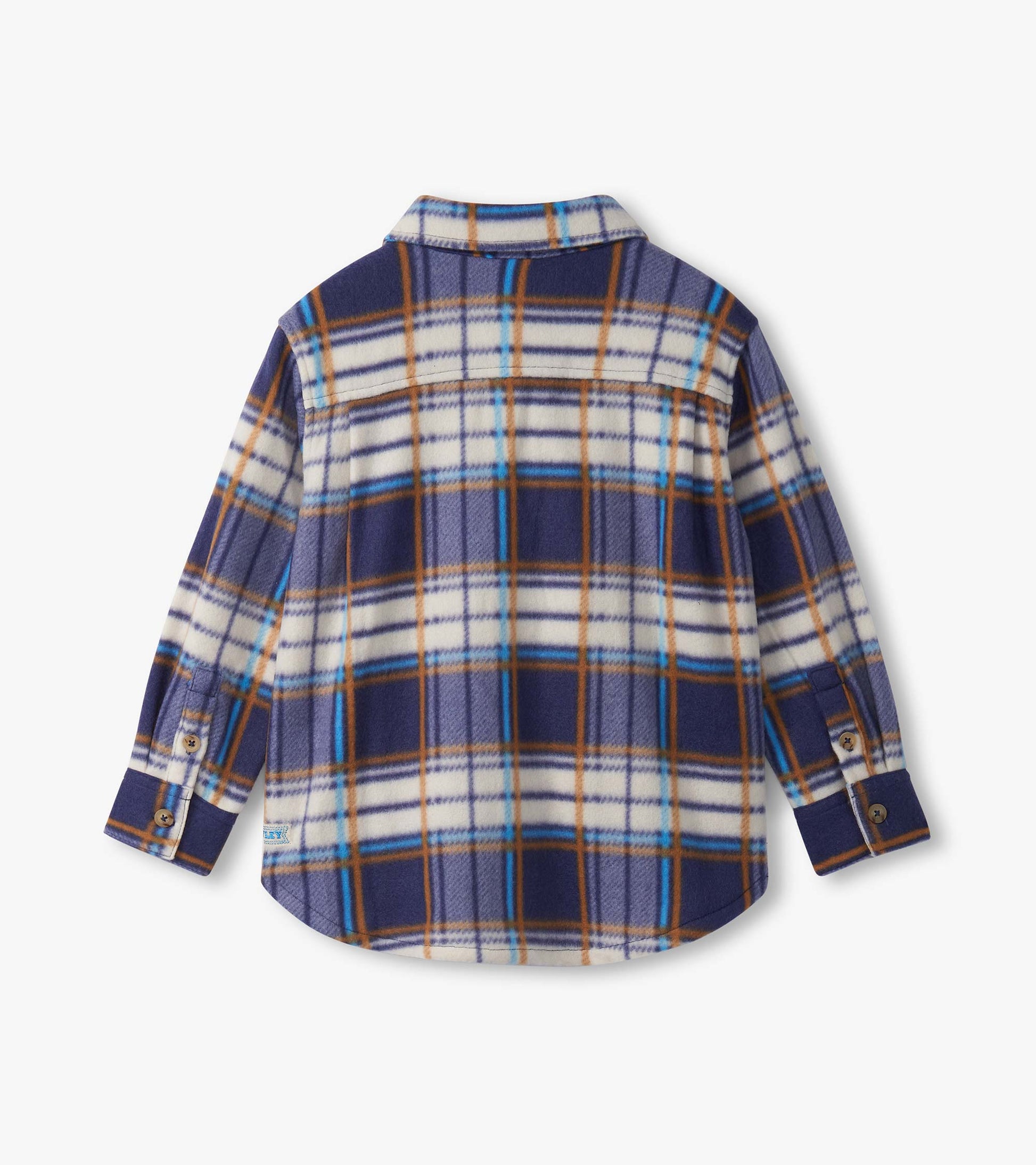 Navy plaid fleece button-up shirt with white, blue, and brown accents; features long sleeves and a collar.