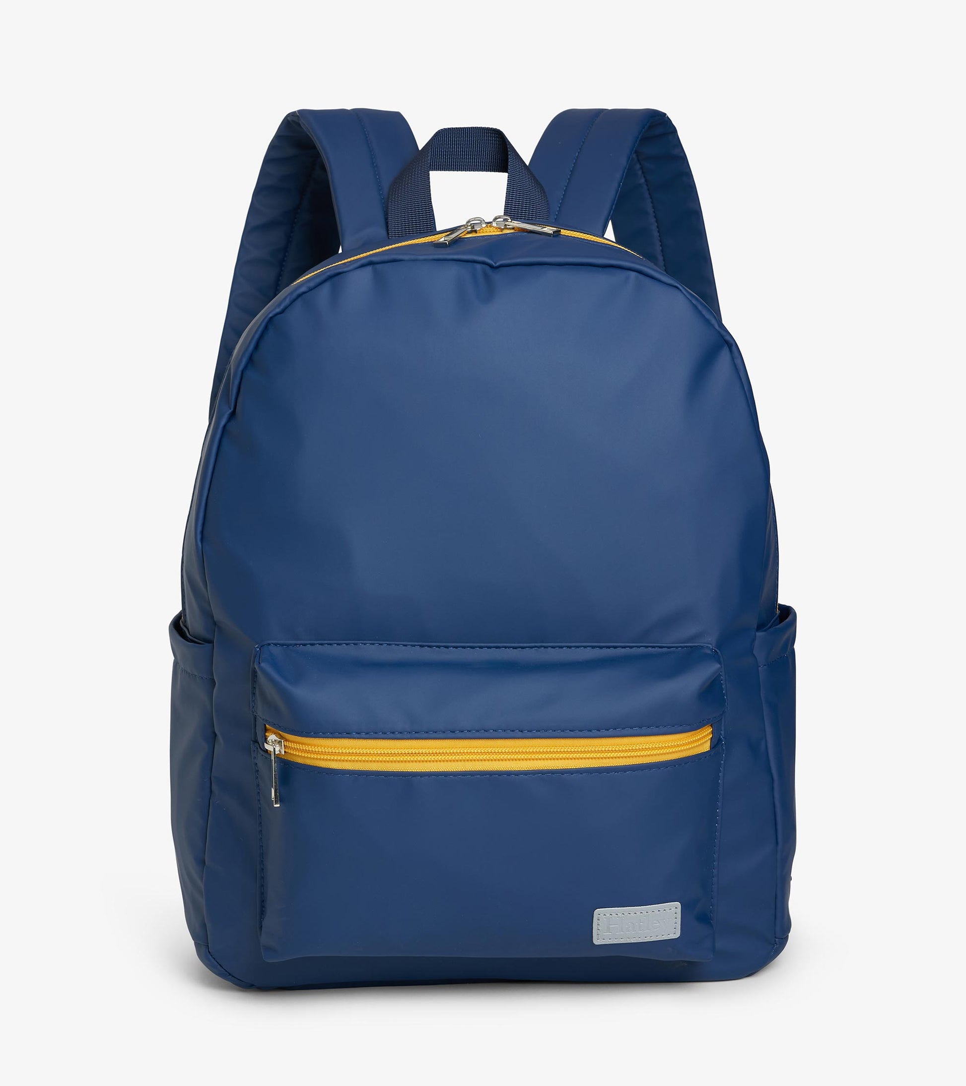 Navy backpack with yellow zippers, front zip pocket, top handle, and padded shoulder straps