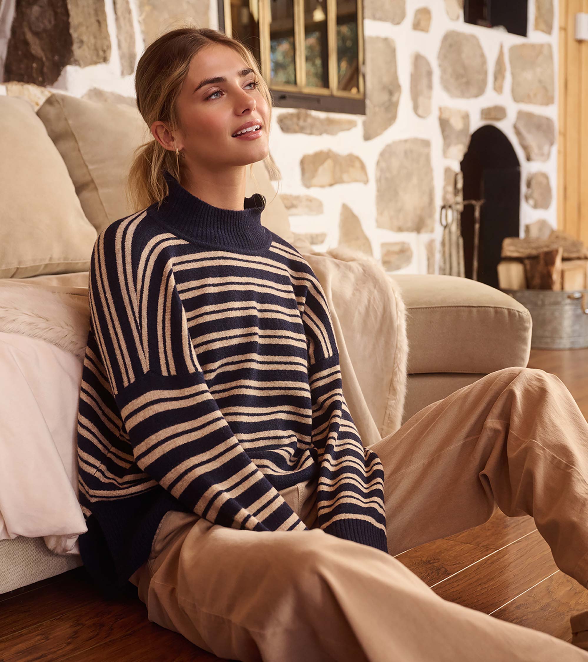 Mock Neck Sweater - Navy and Camel Stripe