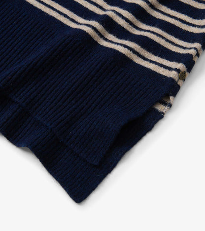 Navy sweater with camel stripes, featuring a mock neck and ribbed hem, shown from a folded view.