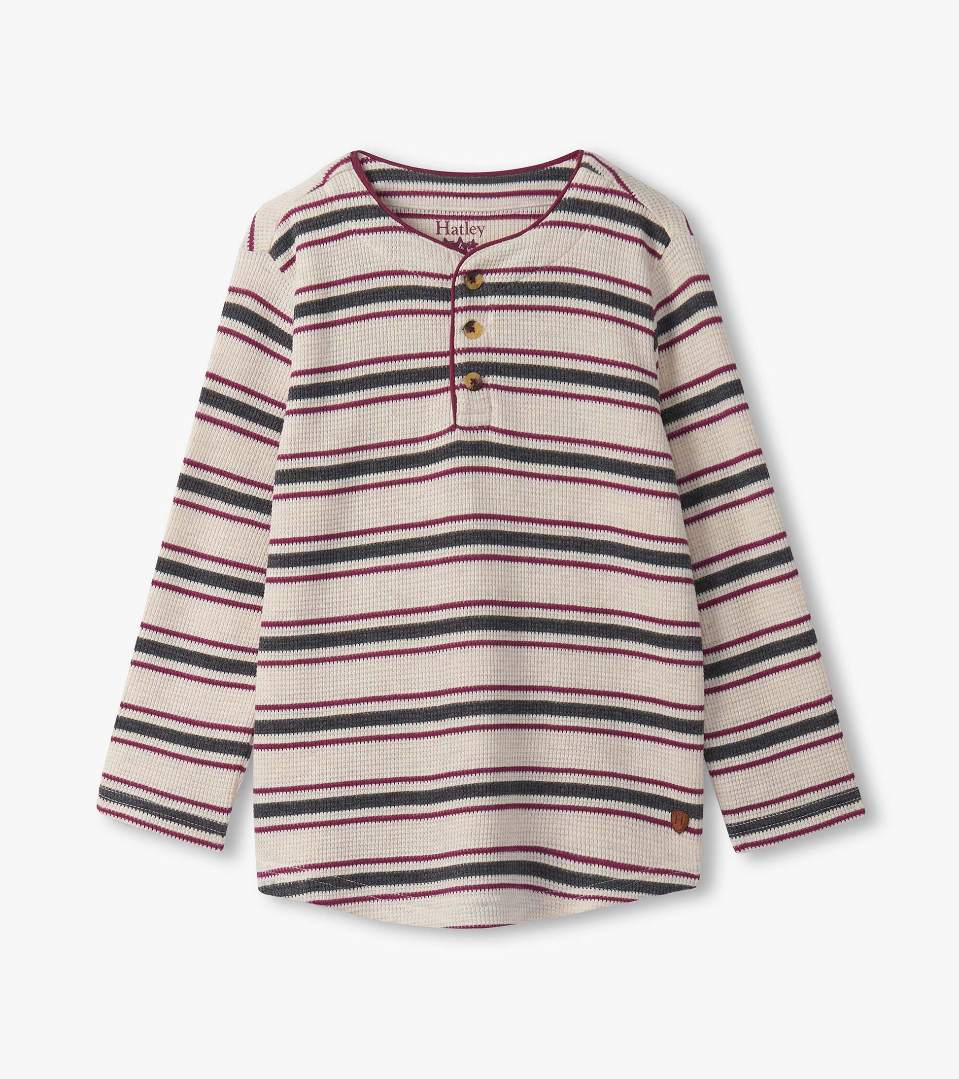 Oatmeal melange waffle henley with multicolored stripes and three-button placket, featuring long sleeves and a rounded hem.