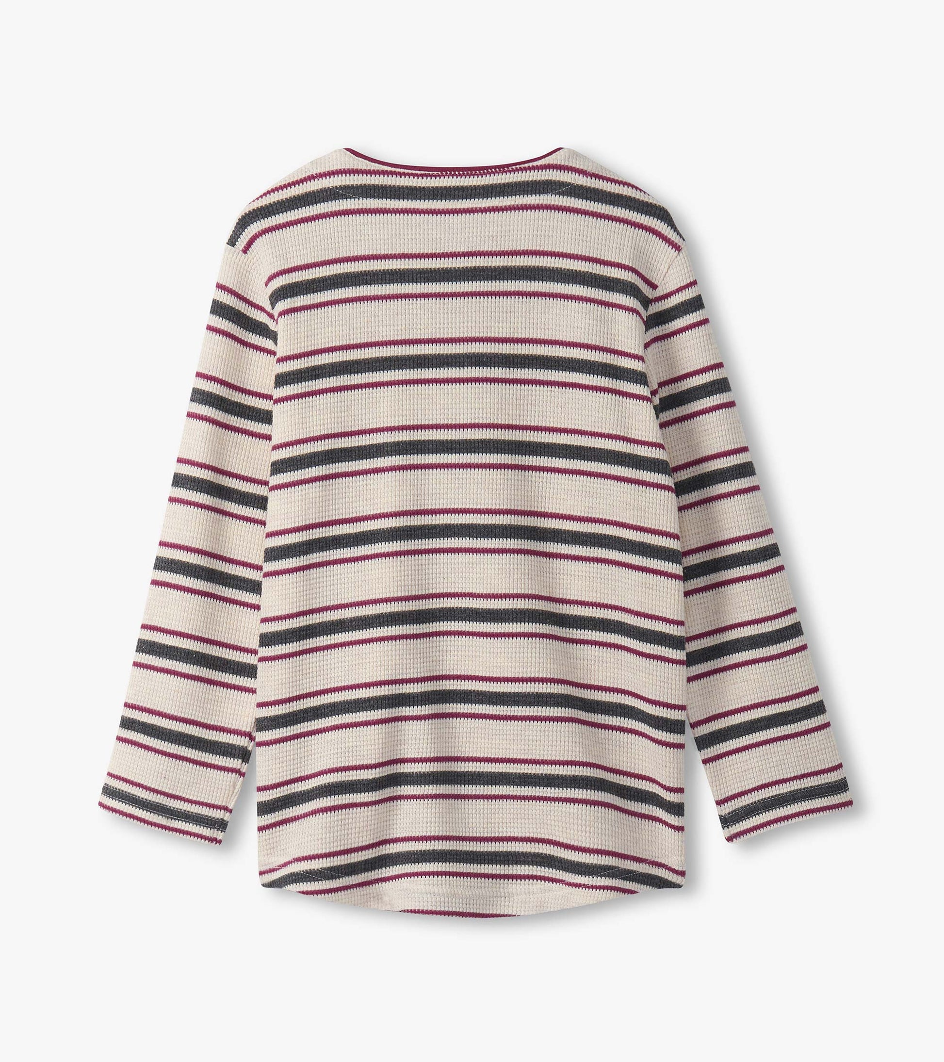 Oatmeal melange waffle henley featuring horizontal stripes in burgundy, navy, and cream, with long sleeves and a rounded hem.