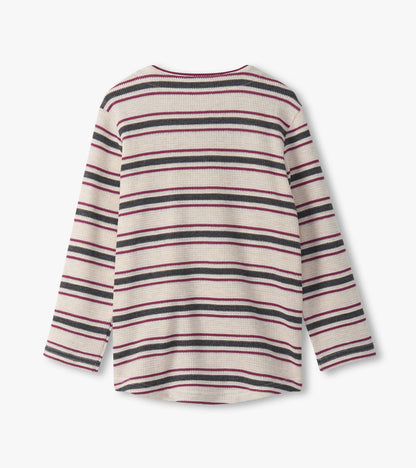 Oatmeal melange waffle henley featuring horizontal stripes in burgundy, navy, and cream, with long sleeves and a rounded hem.