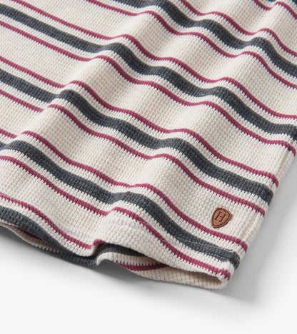 Oatmeal melange waffle henley featuring horizontal stripes in burgundy, navy, and cream.