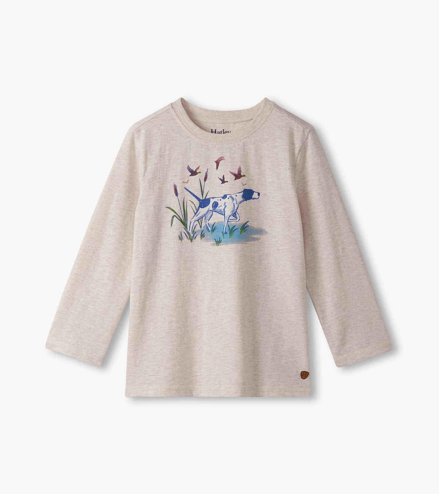 Light beige long sleeve tee featuring a graphic of a hunting dog among grass and birds.