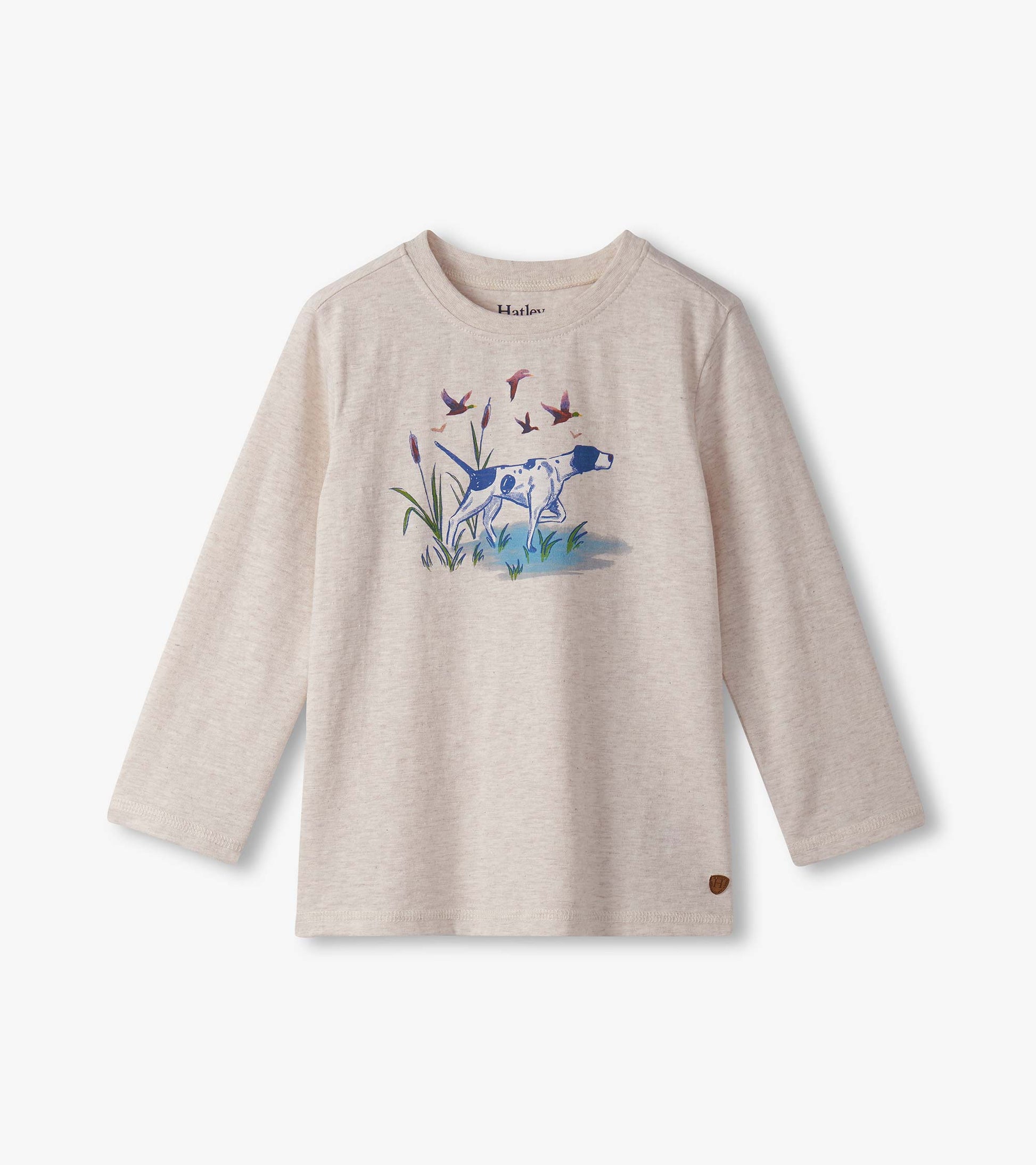 Light beige long sleeve tee featuring a graphic of a hunting dog among grass and birds.