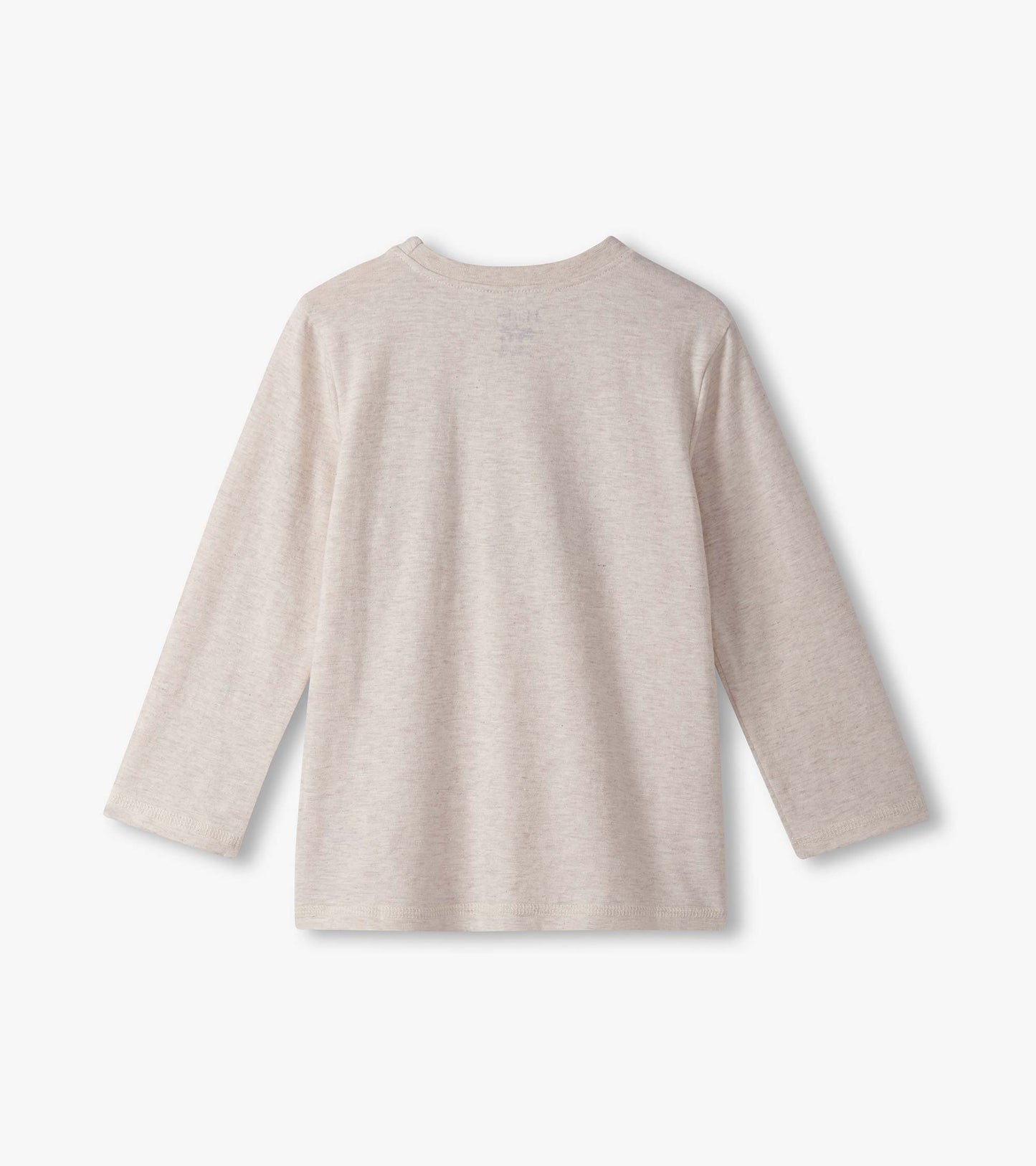 Light beige long sleeve graphic tee with a round neckline, featuring a soft, comfortable fabric. Back view shown.