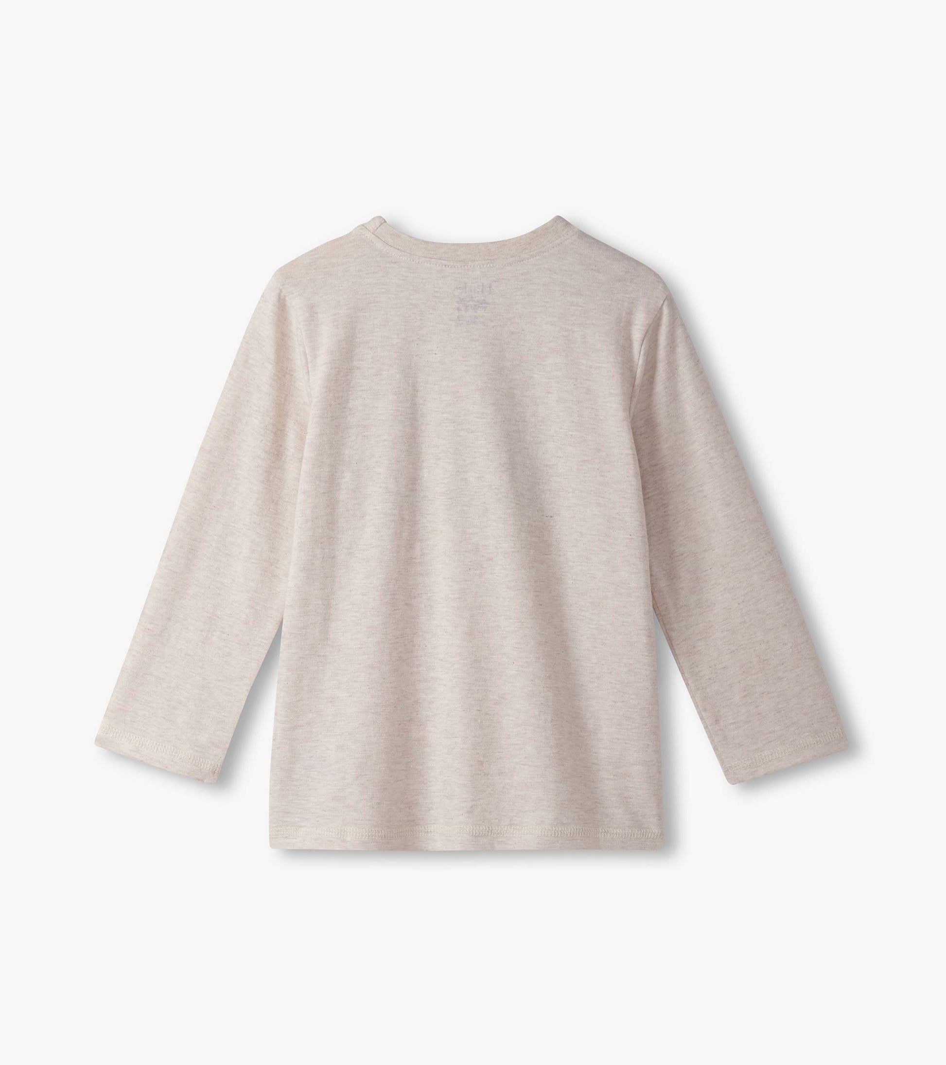 Light beige long sleeve graphic tee with a round neckline, featuring a soft, comfortable fabric. Back view shown.