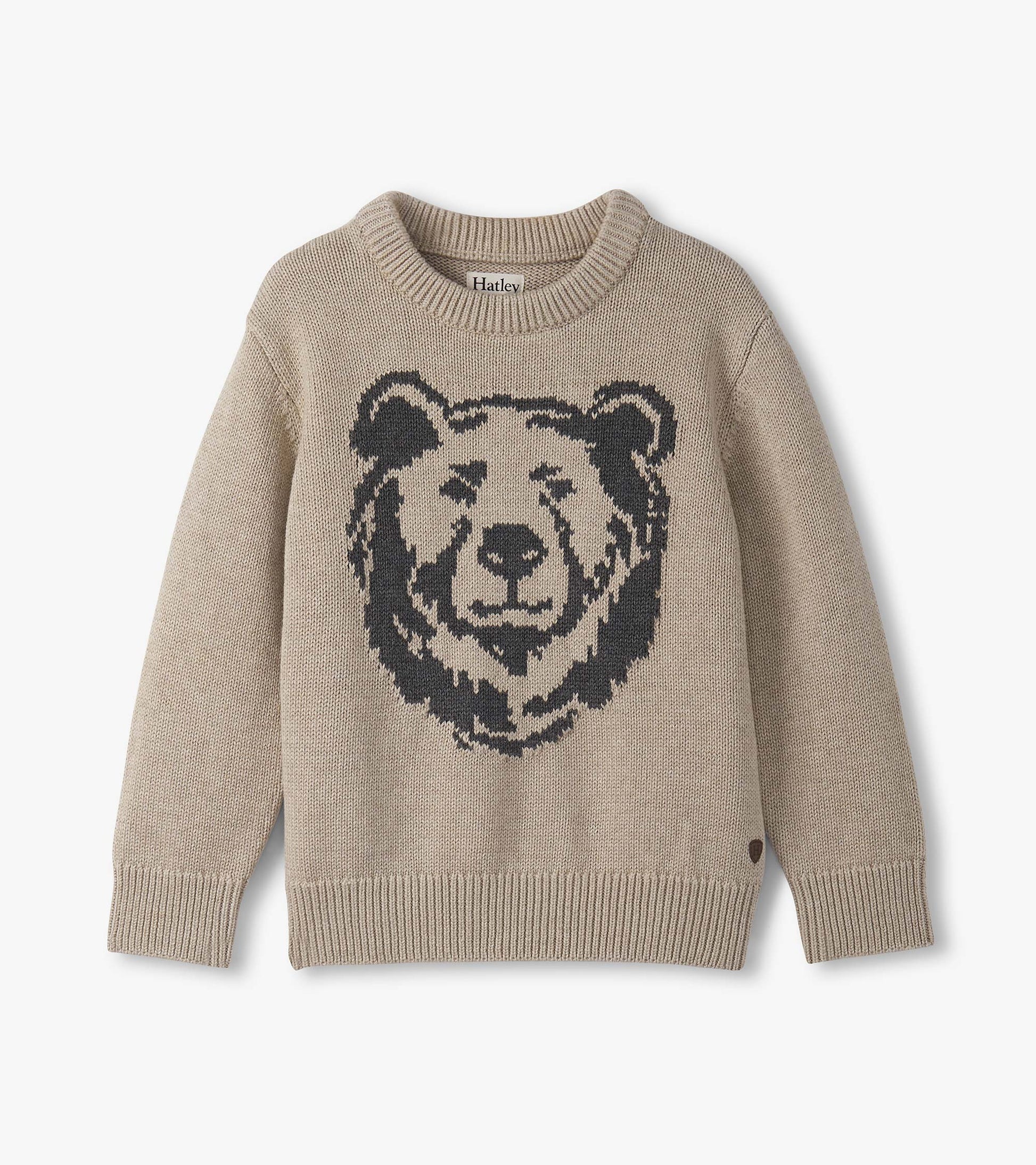 Oatmeal crew neck sweater featuring a bear graphic in dark tones, made from soft knit material.