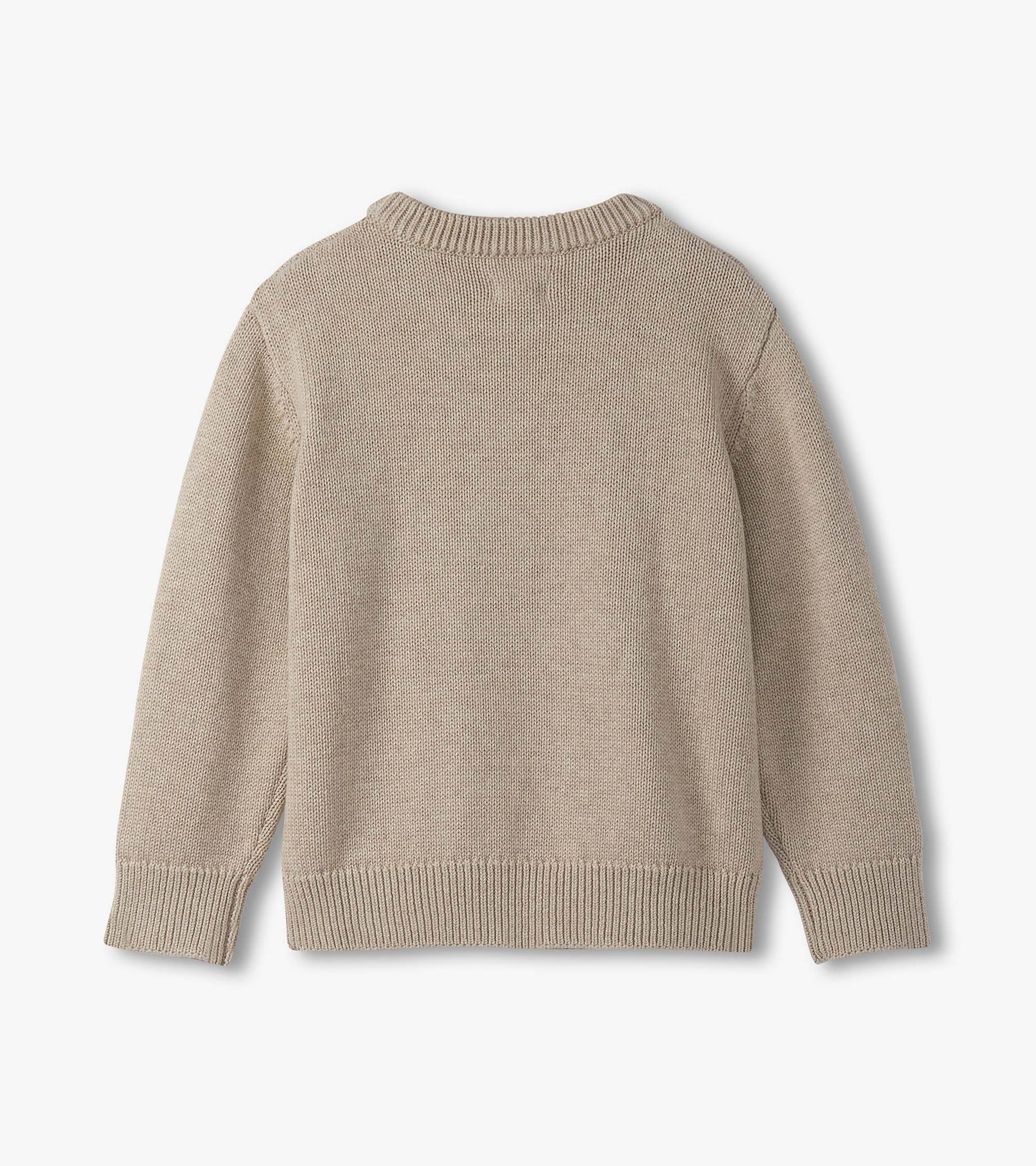 Beige crew neck sweater for boys, featuring a textured knit and ribbed cuffs and hem. Back view displayed.